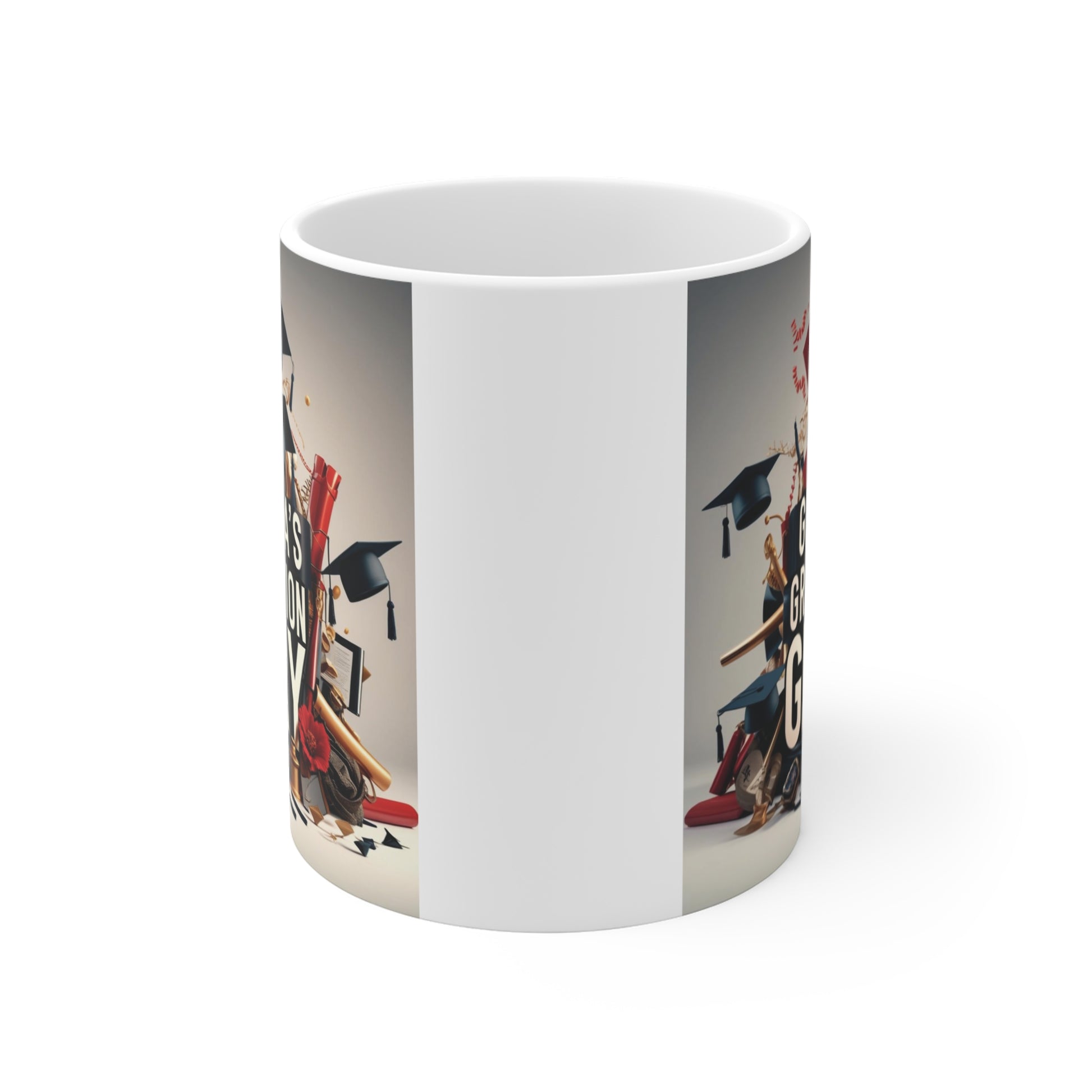 White ceramic graduation mug with colorful vintage graduation artwork including books, diplomas, graduation cap, and the words "Grandpa's Graduation Glory," ideal keepsake for proud grandfathers.