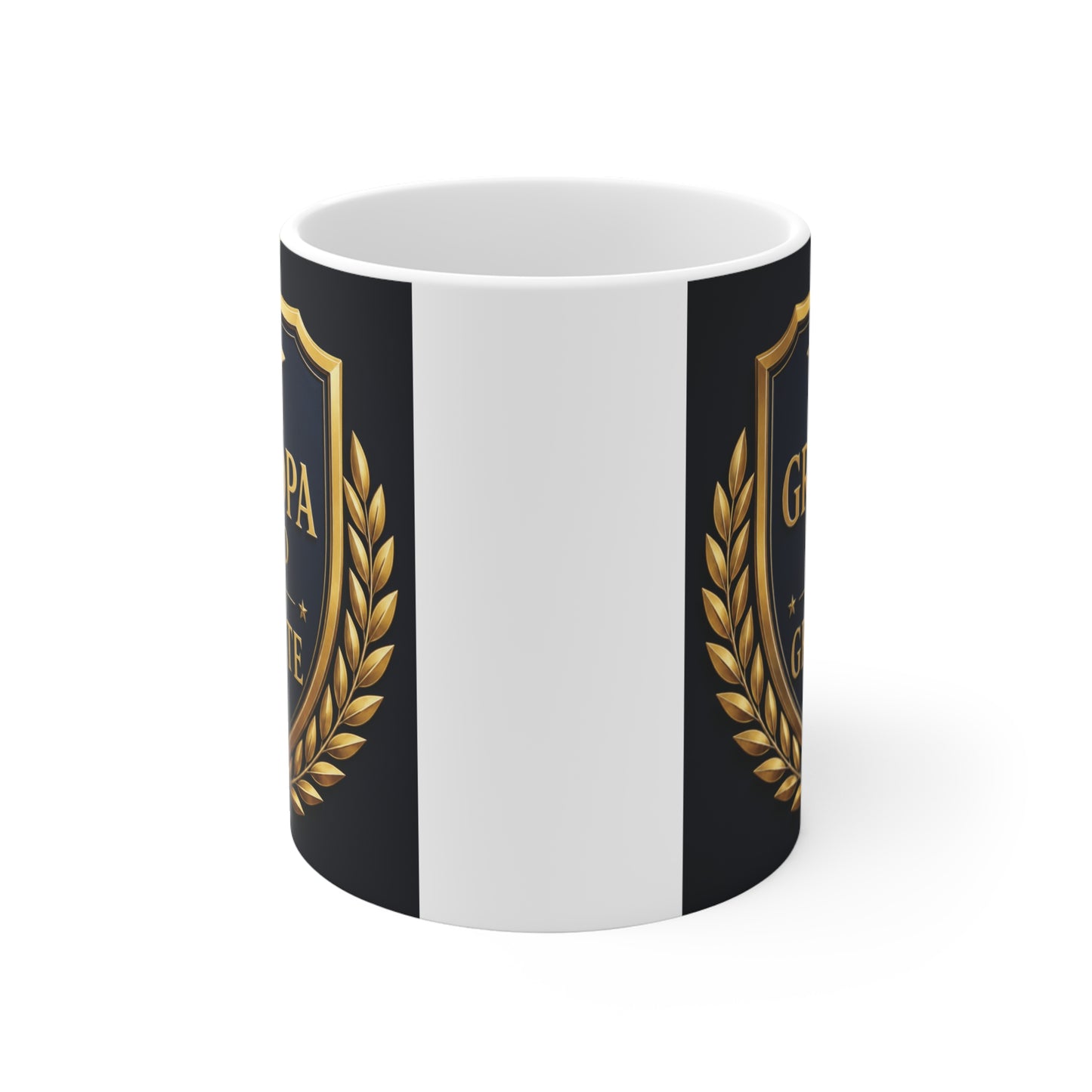 Premium black ceramic graduation mug with gold graduation cap, shield emblem, and laurel wreath reading "Grandpa Proud of Our Graduate," ideal for celebrating high school or college graduation.