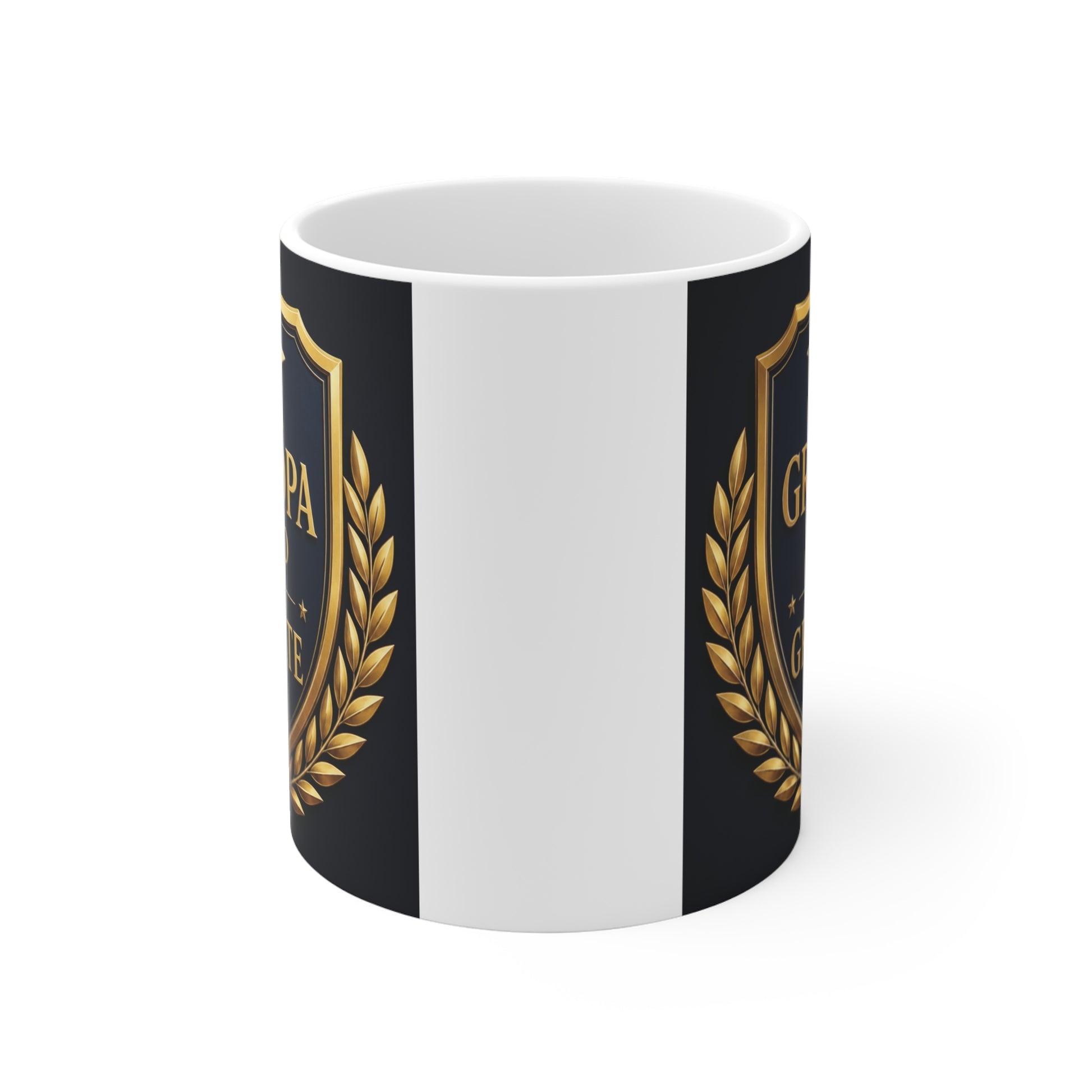 Premium black ceramic graduation mug with gold graduation cap, shield emblem, and laurel wreath reading "Grandpa Proud of Our Graduate," ideal for celebrating high school or college graduation.