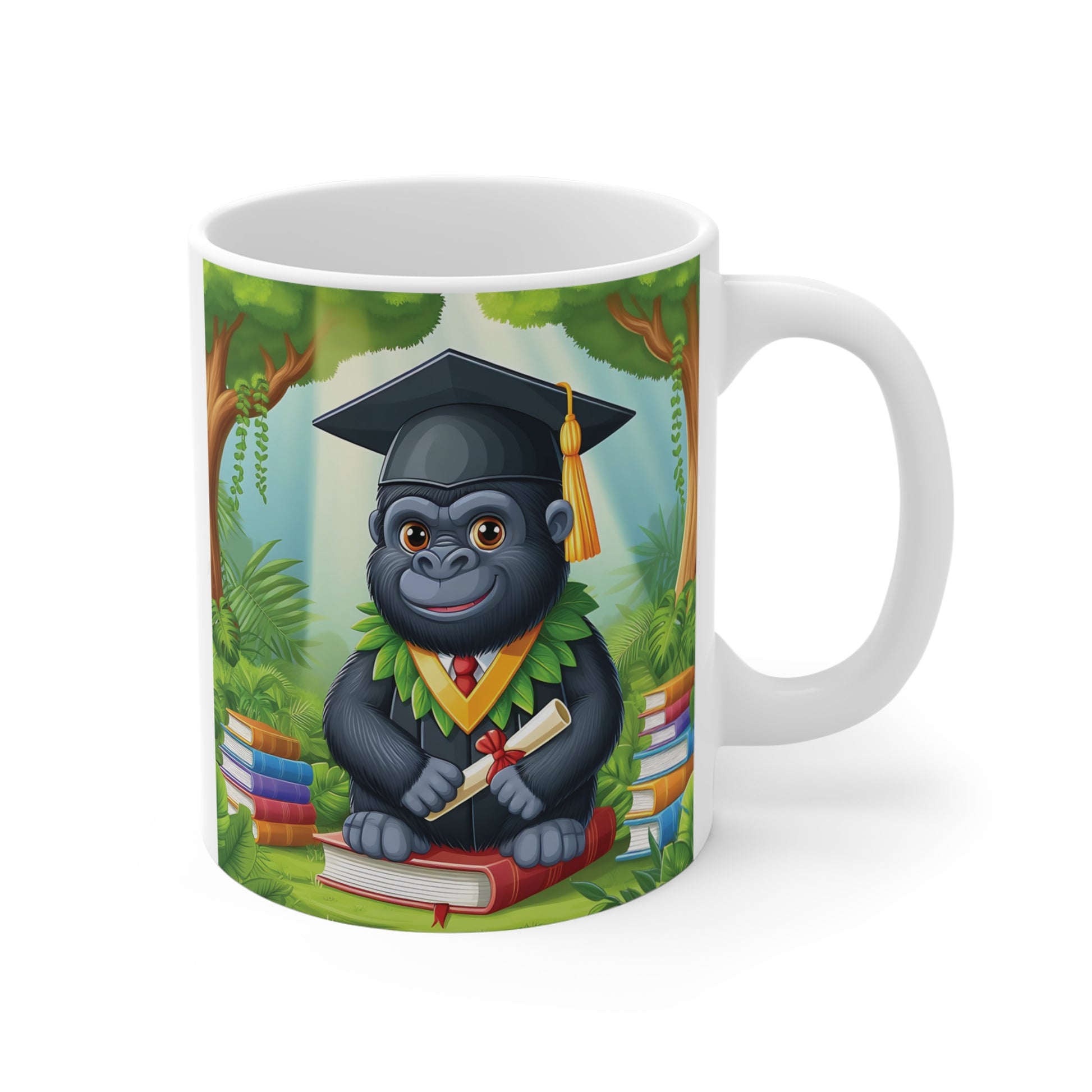 Cute gorilla wearing a graduation cap and holding a diploma while sitting on books in a lush jungle setting, printed on a ceramic coffee mug.