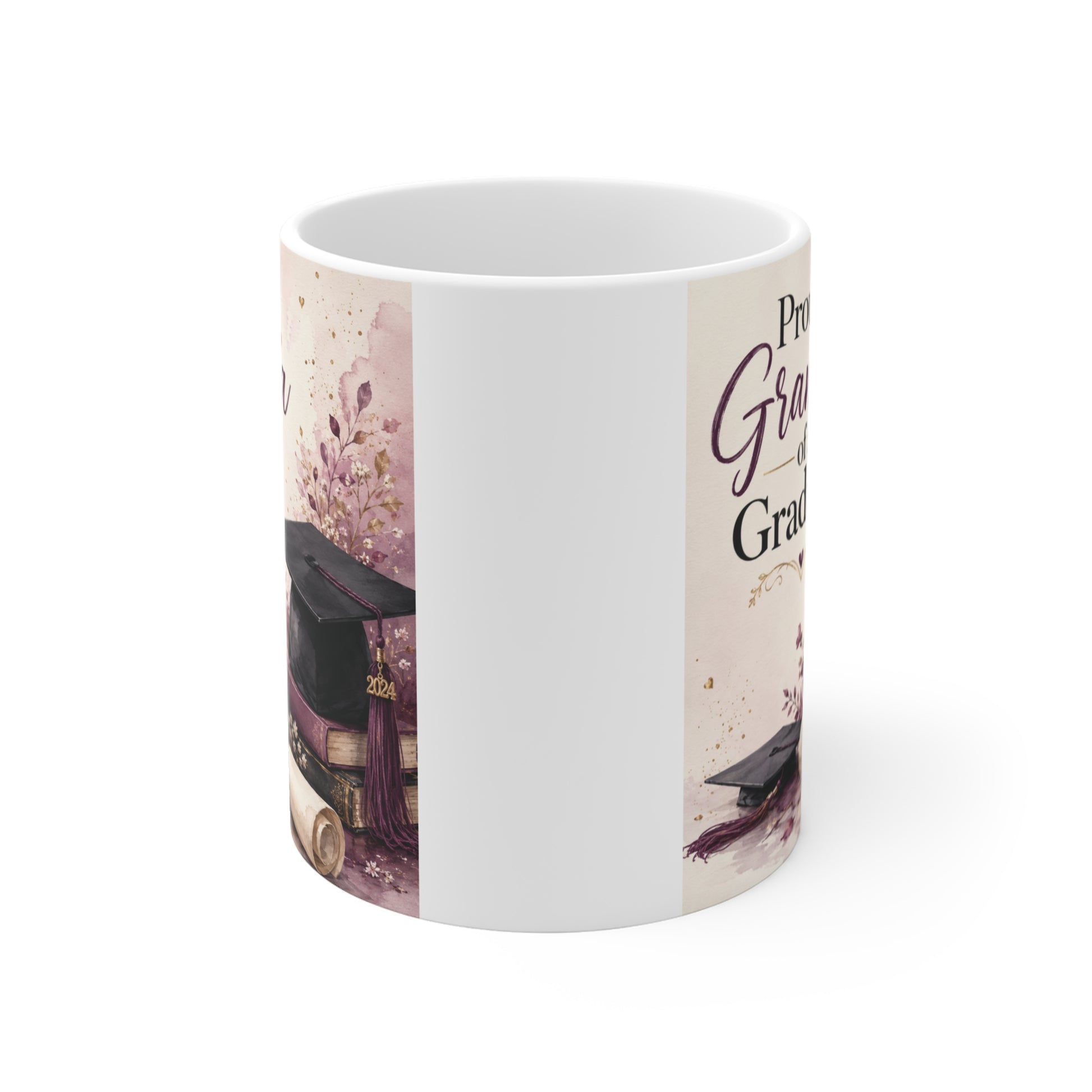 Elegant graduation coffee mug for Grandma with watercolor flowers, graduation cap, diploma, and Proud Grandma of a Graduate text.