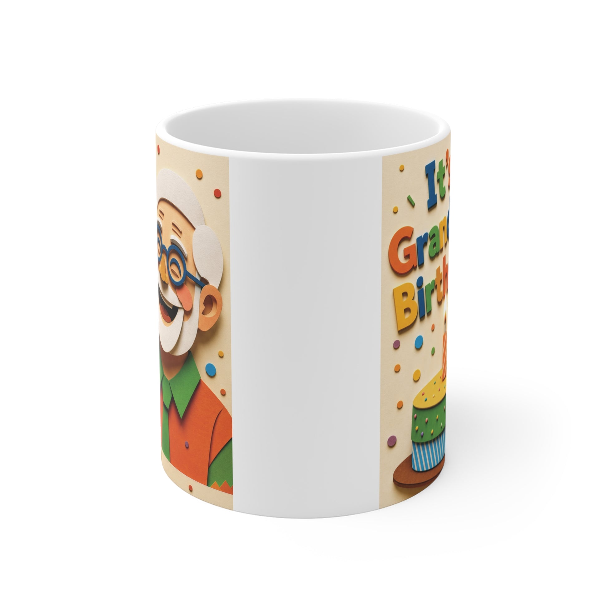 Funny grandpa birthday coffee mug with vibrant birthday artwork, confetti accents, and cheerful cartoon grandfather design.