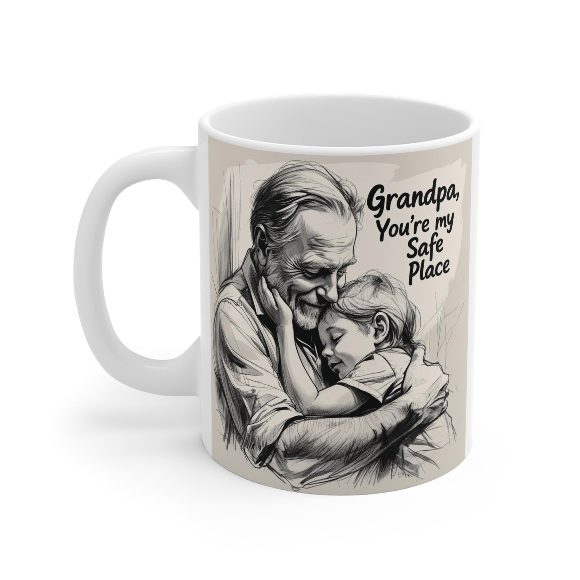 Sentimental Grandpa gift mug showing a loving embrace between grandfather and child with meaningful family quote and vintage artwork.