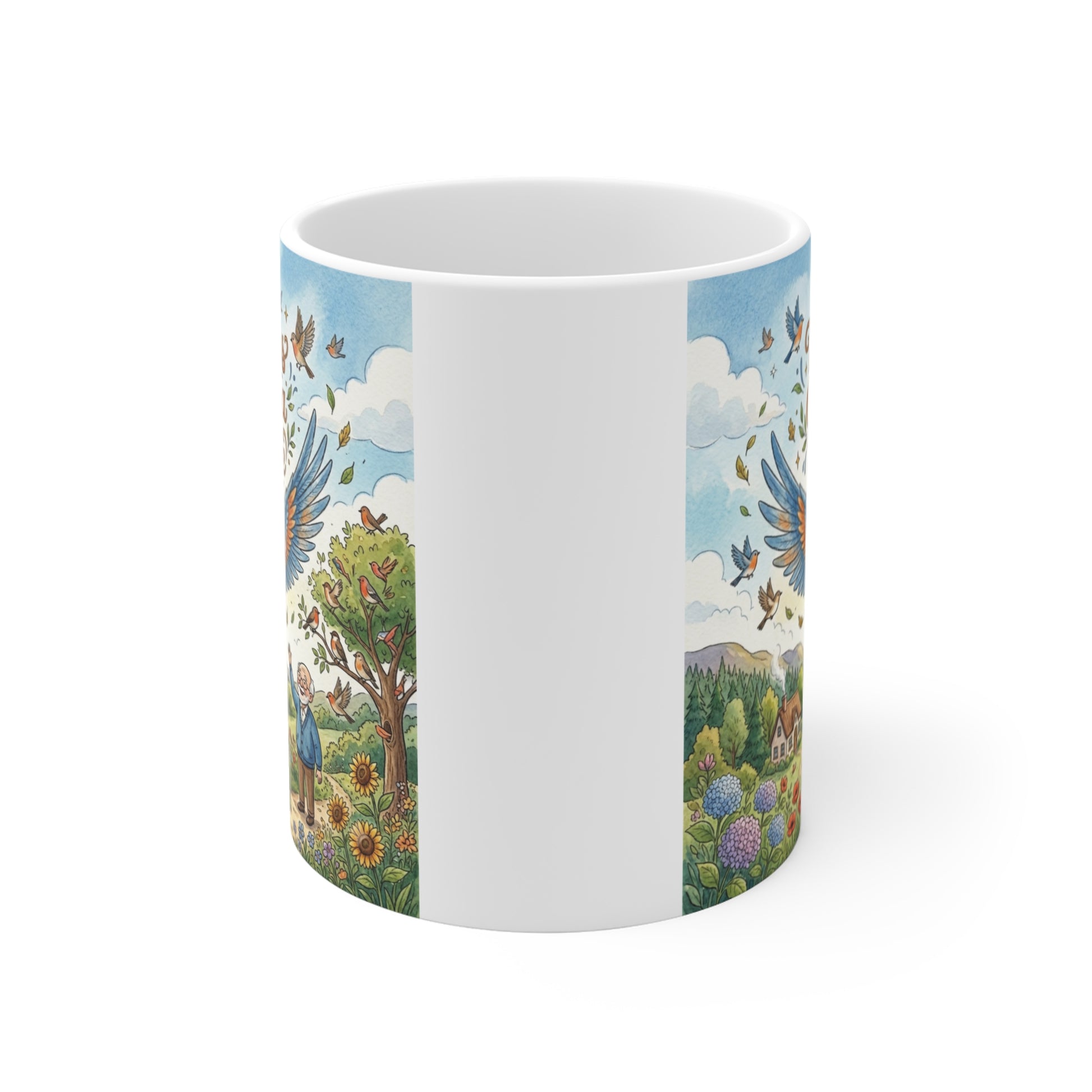Grandpa appreciation mug with colorful watercolor illustration of a child soaring through the sky above a scenic countryside and loving grandfather.
