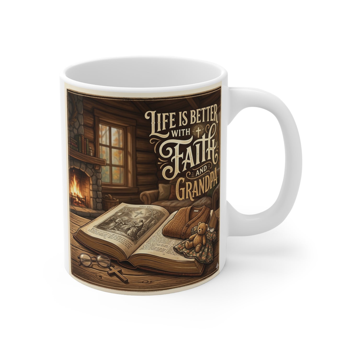 Life Is Better With Faith and Grandpa Christian 11oz coffee mug featuring Bible and rustic study artwork