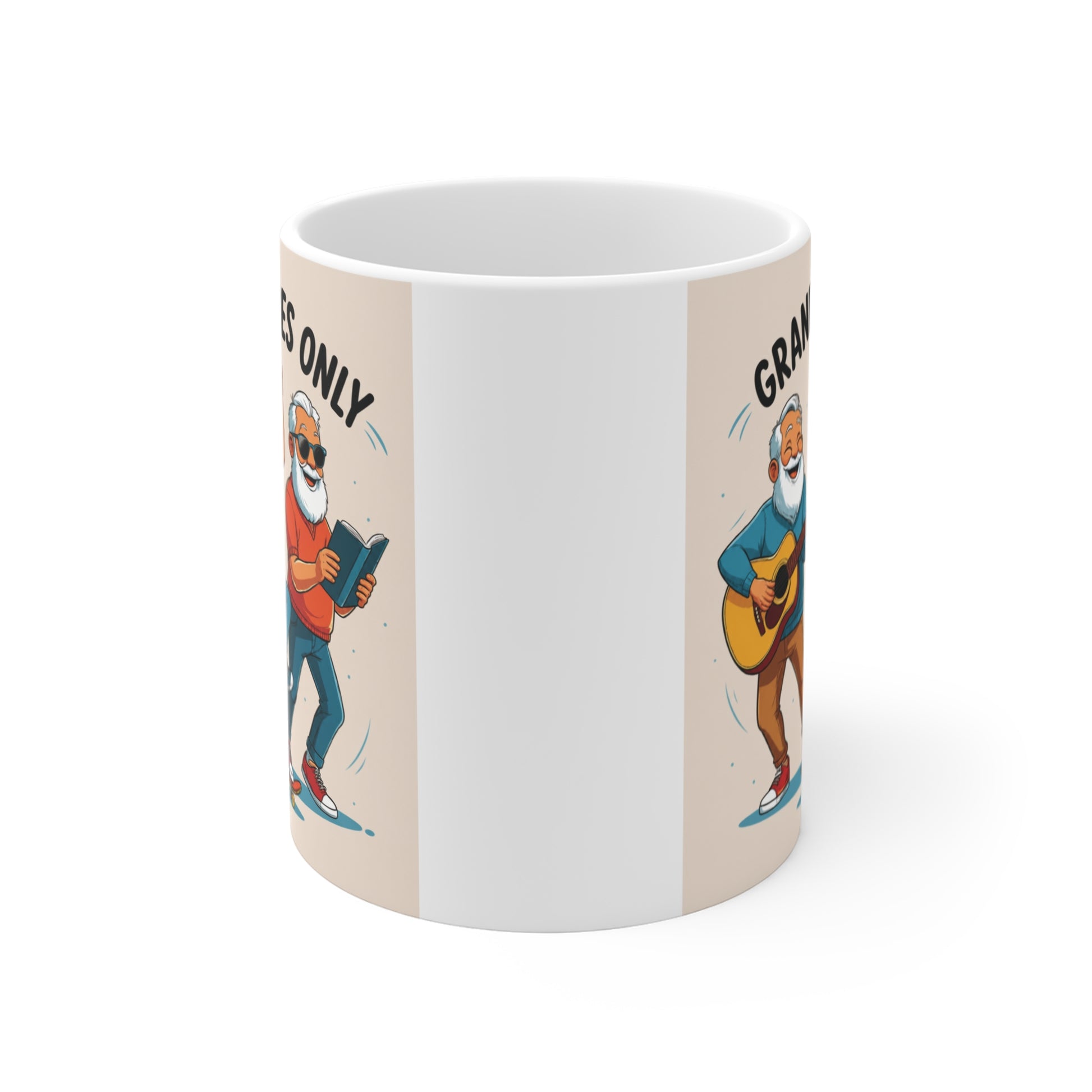 Funny Grandpa Vibes Only ceramic coffee mug with cool grandpa cartoon artwork, perfect Father's Day, birthday, retirement, or Christmas gift.