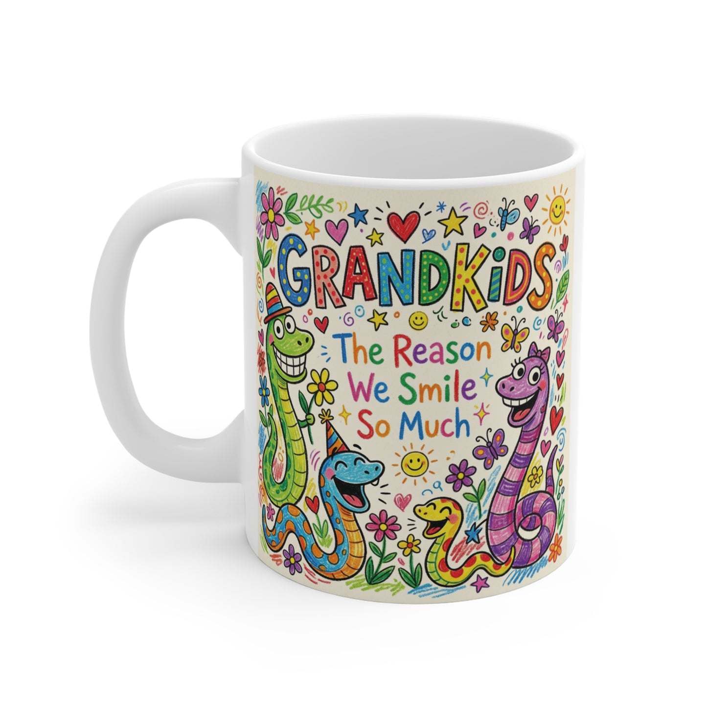 Cute gift mug for Grandma and Grandpa with vibrant cartoon snakes, flowers, butterflies, and joyful family artwork.