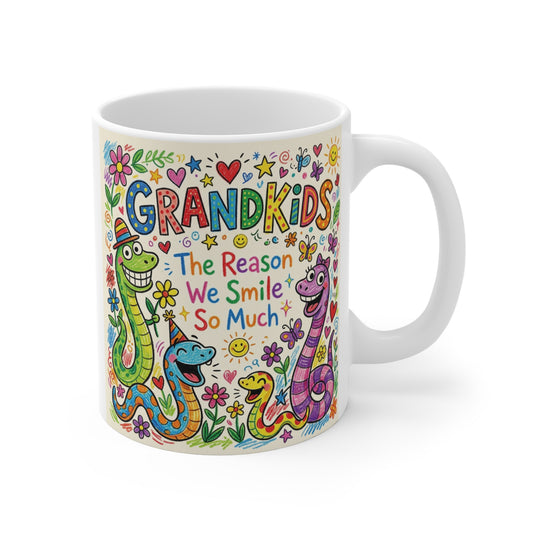 Colorful Grandkids The Reason We Smile So Much 11oz ceramic mug with cute smiling cartoon snakes and floral doodles.