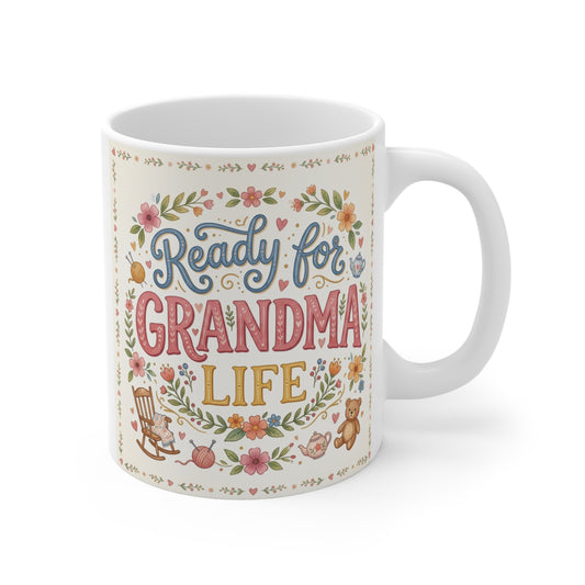 Ready for Grandma Life floral 11oz ceramic coffee mug with colorful vintage flowers.