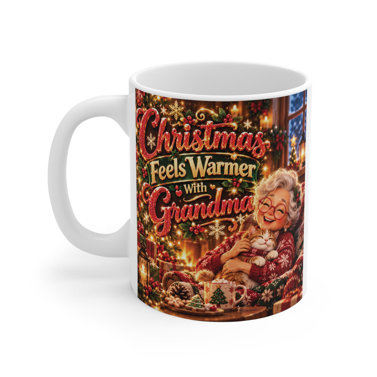 Dishwasher safe 11oz white coffee mug with holiday artwork celebrating grandmas for Christmas gifting.