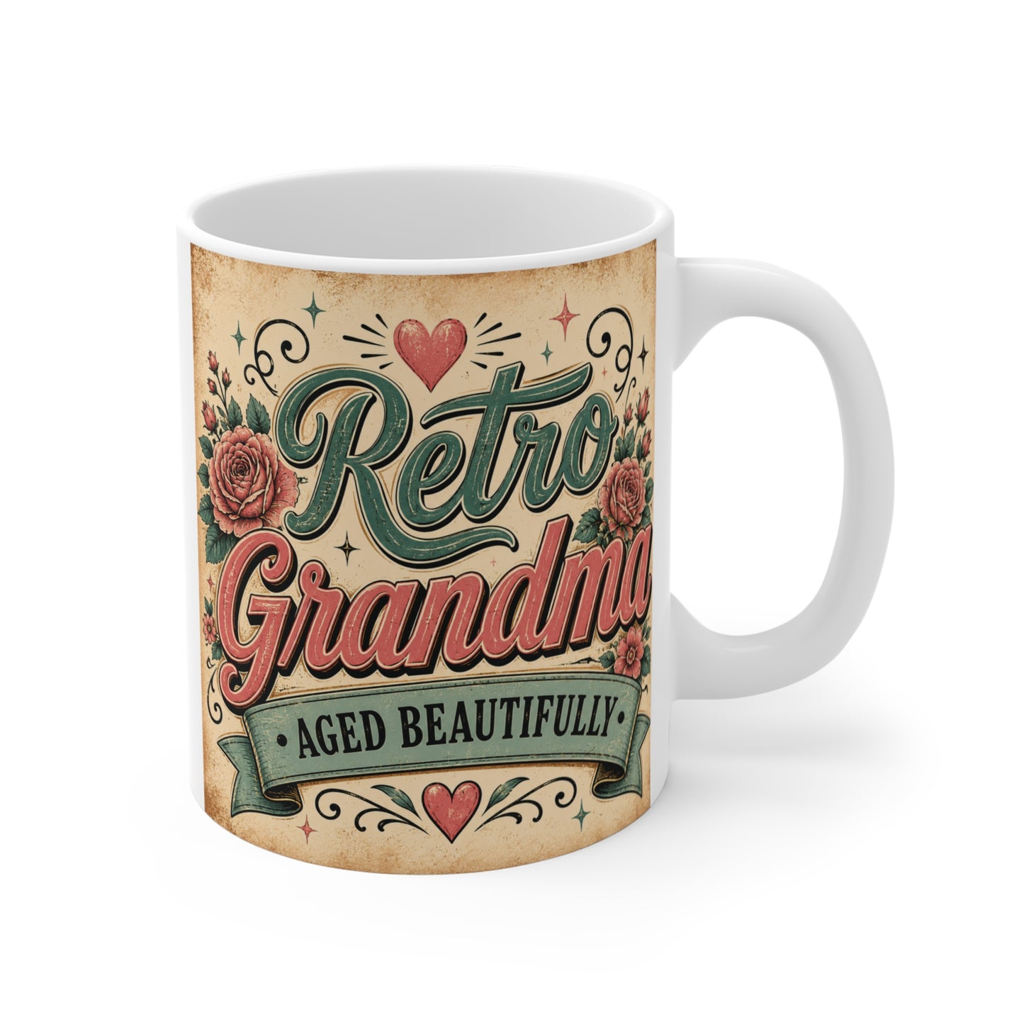 Retro Grandma 11oz ceramic coffee mug with vintage floral design and “Aged Beautifully” quote