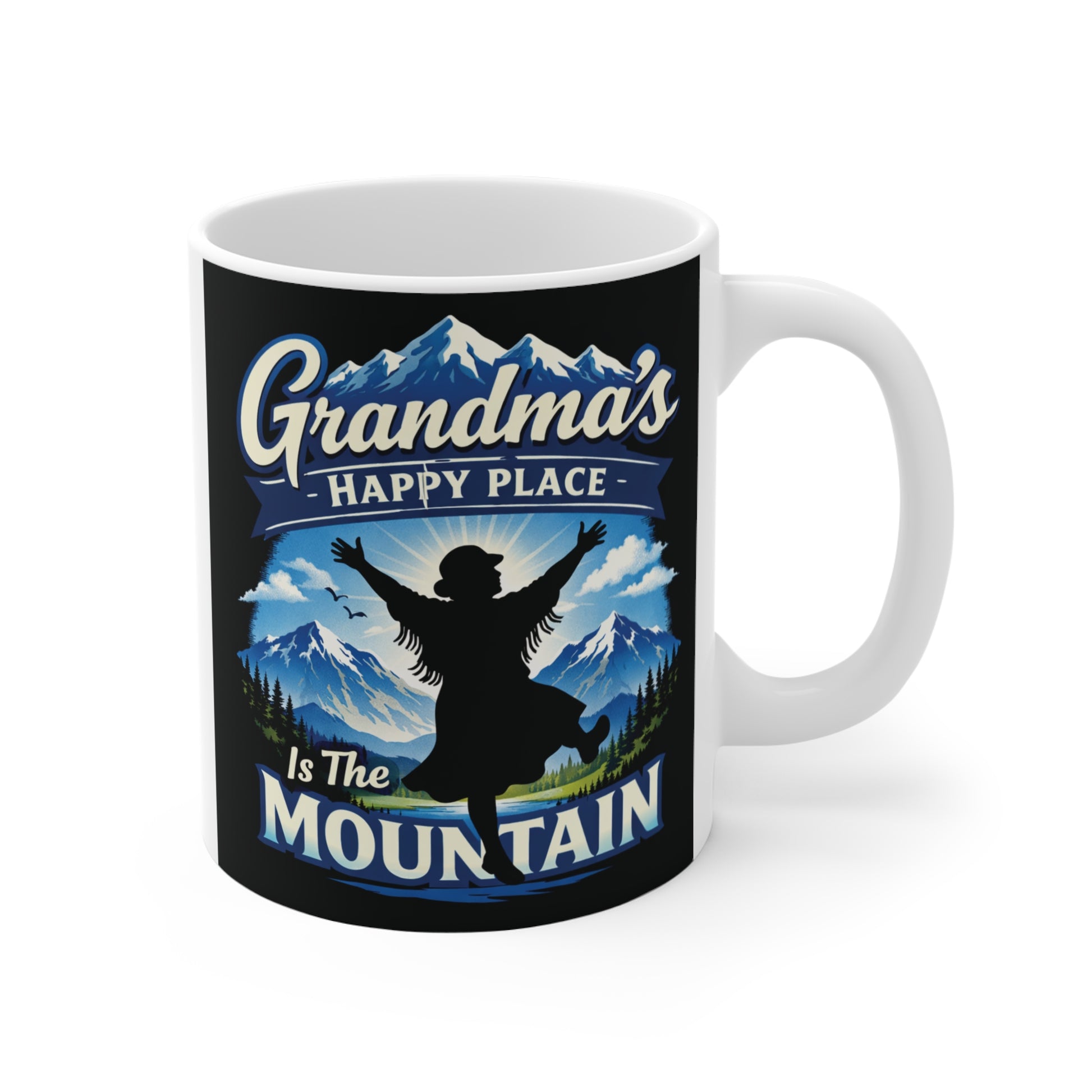 Grandma's Happy Place Is The Mountain 11oz ceramic coffee mug featuring a skiing grandma silhouette with snowy mountain landscape.