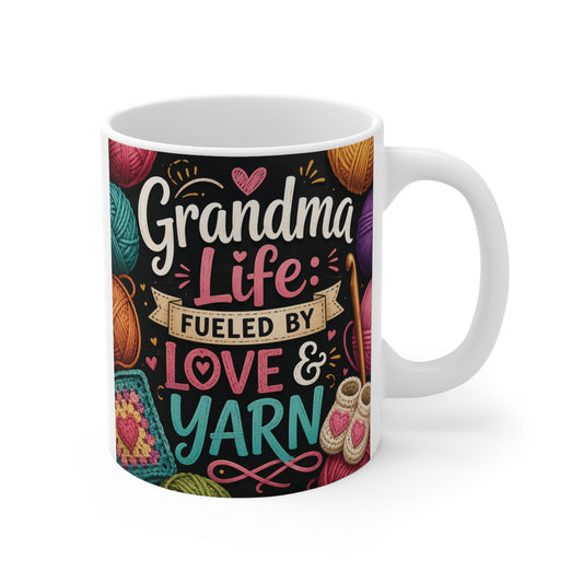Grandma Life Fueled by Love and Yarn colorful crochet grandma 11oz ceramic coffee mug