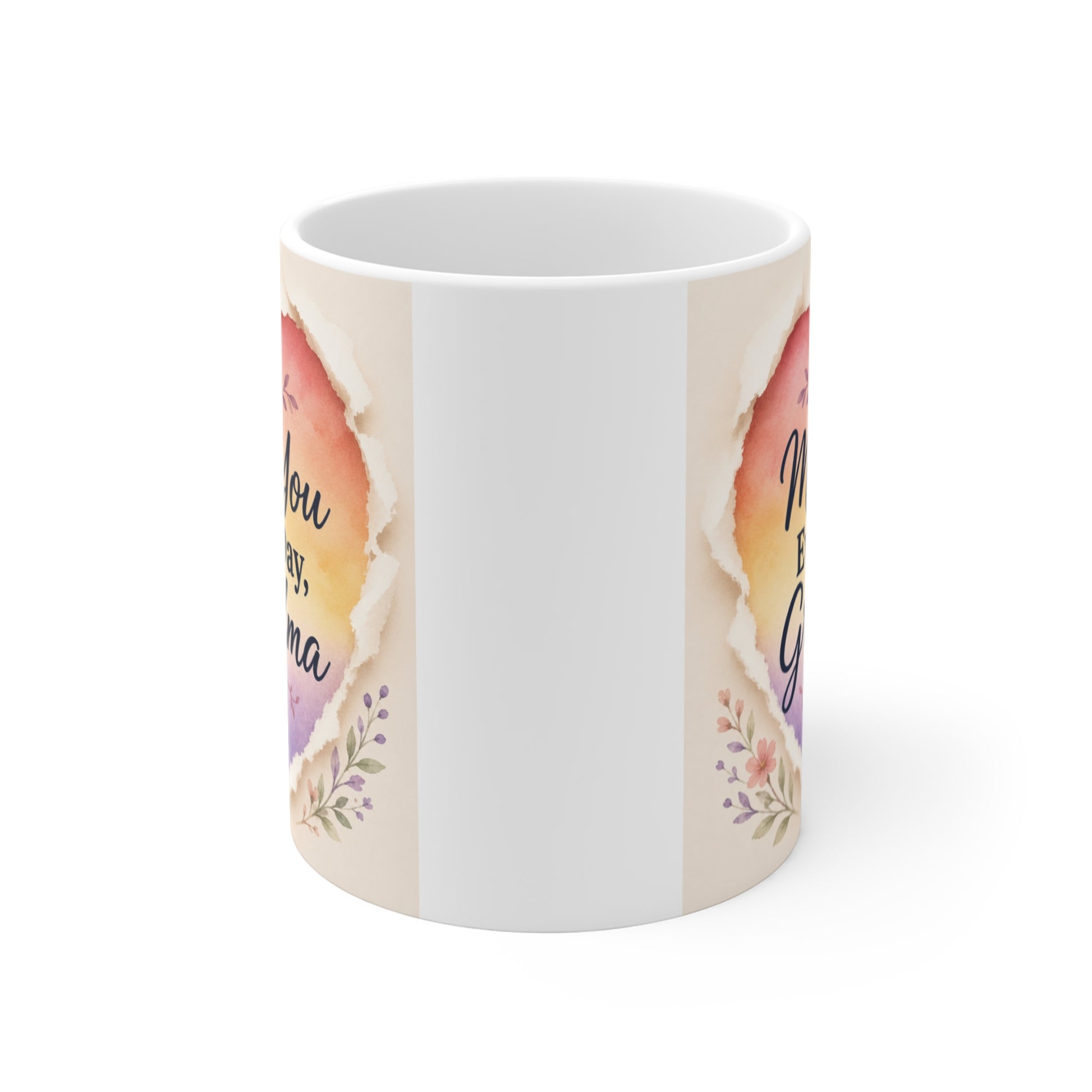 Floral grandma coffee mug featuring pastel heart artwork and sentimental typography on a white ceramic 11oz mug.