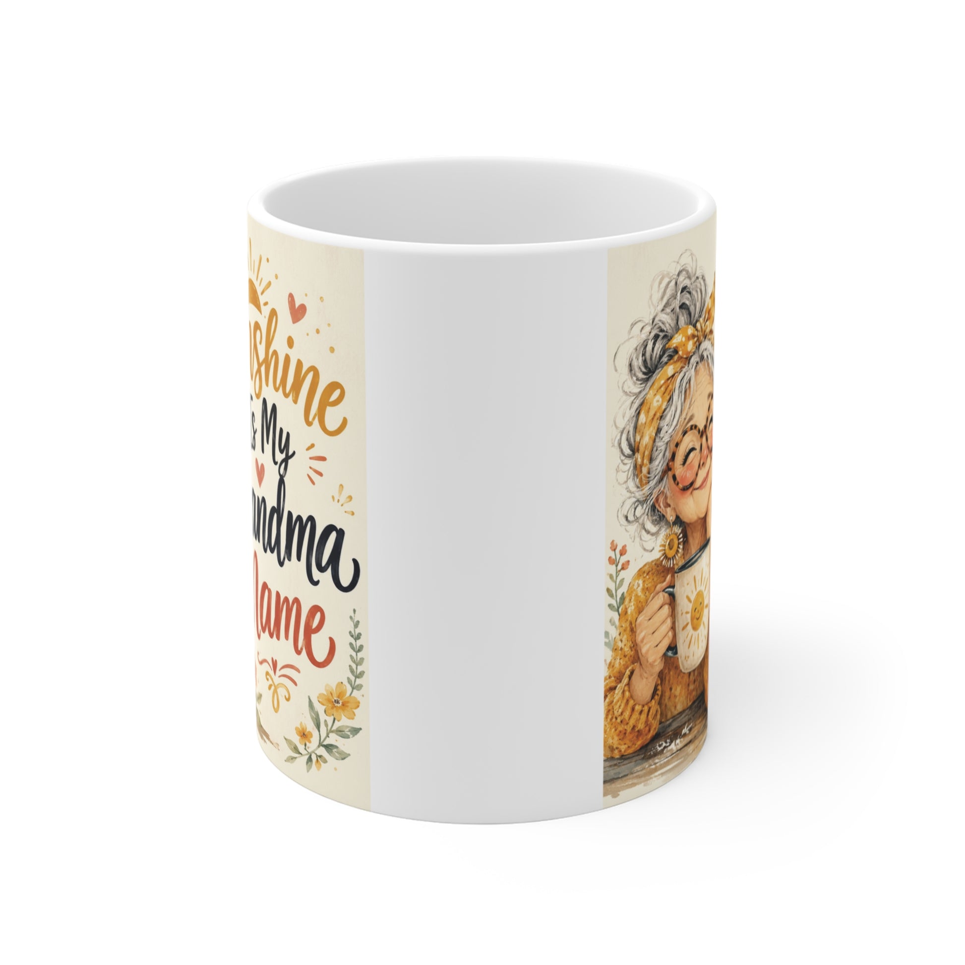 Cute floral grandma coffee mug with Sunshine Is My Grandma Name quote, perfect gift for Mother's Day and birthdays.