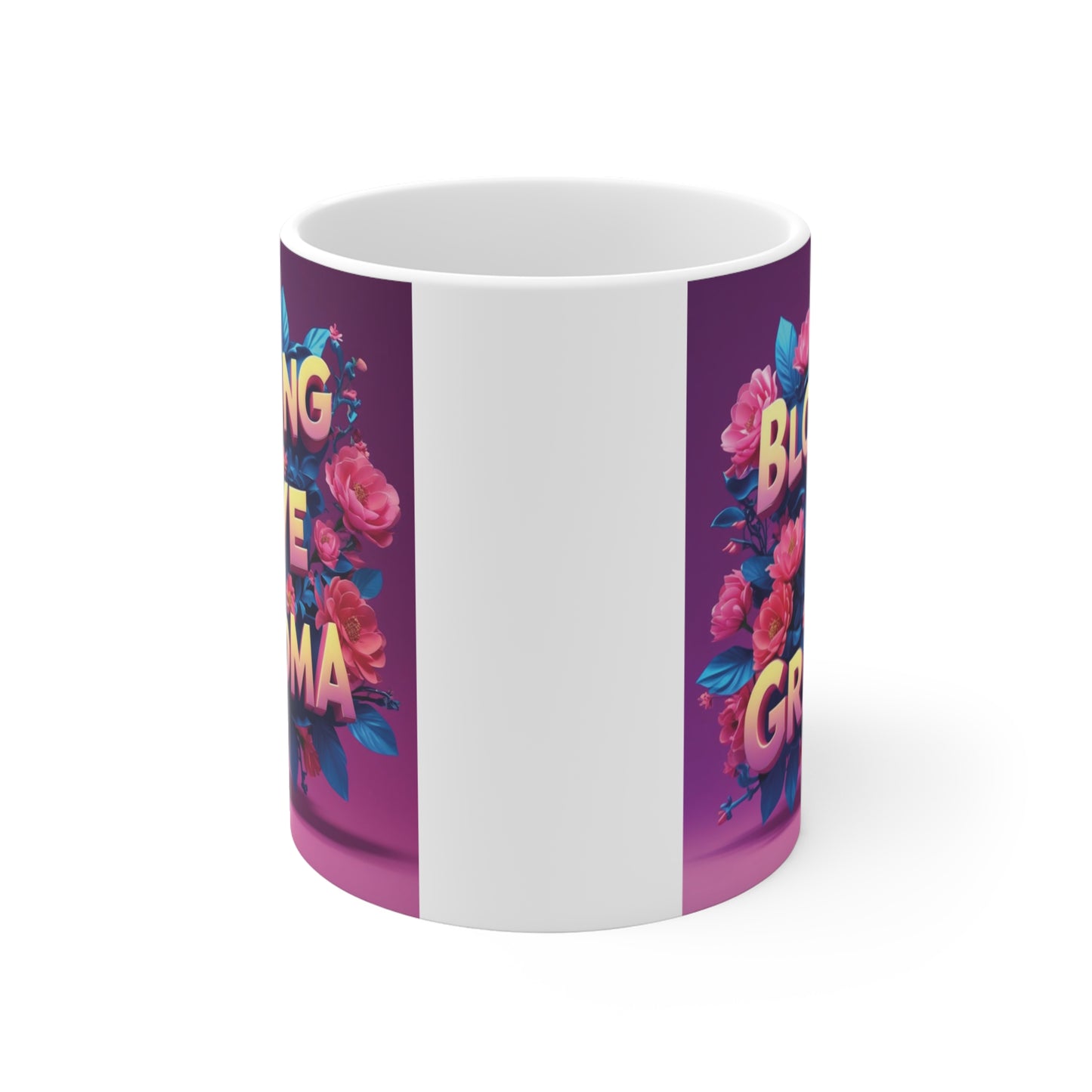 Floral Grandma coffee mug with Blooming With Love for Grandma quote, perfect birthday, Mother's Day, or Christmas gift for Grandma.