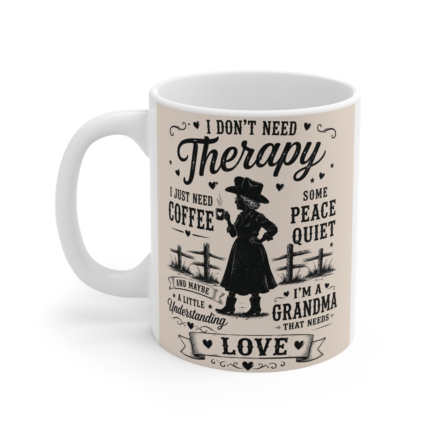 Cute grandmother coffee mug with black vintage artwork and humorous grandma quote, perfect gift for nana, mimi, or grandma coffee lovers.