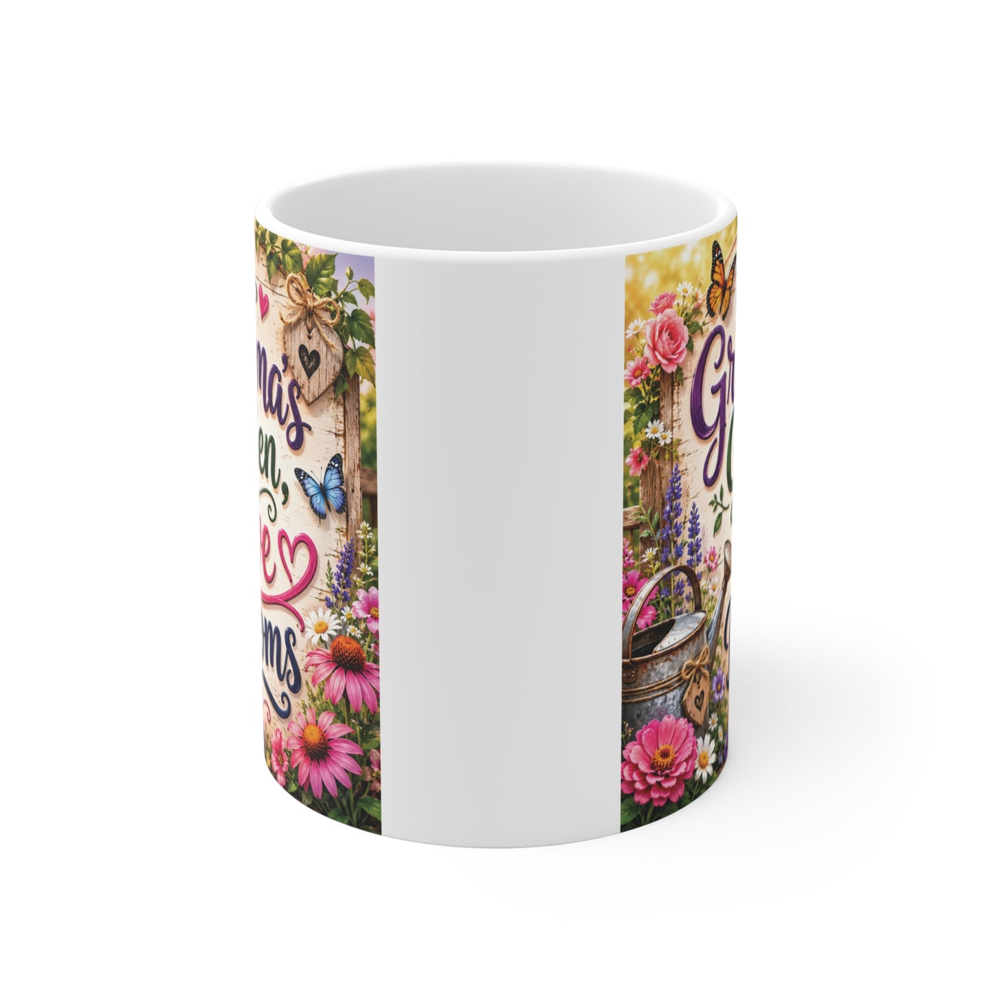 Floral Grandma coffee mug with vibrant garden design and inspirational quote, perfect gift for Nana, grandmother, and gardening lovers.