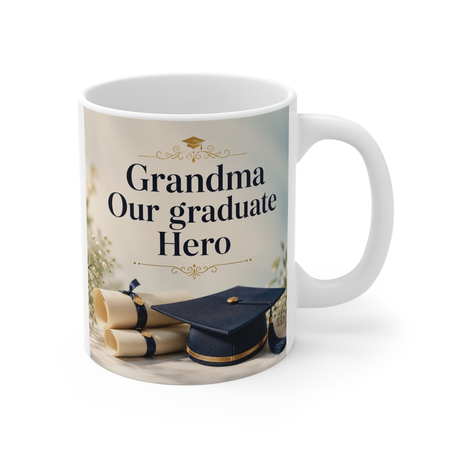 Elegant "Grandma Our Graduate Hero" 11oz graduation coffee mug with diploma and graduation cap design.