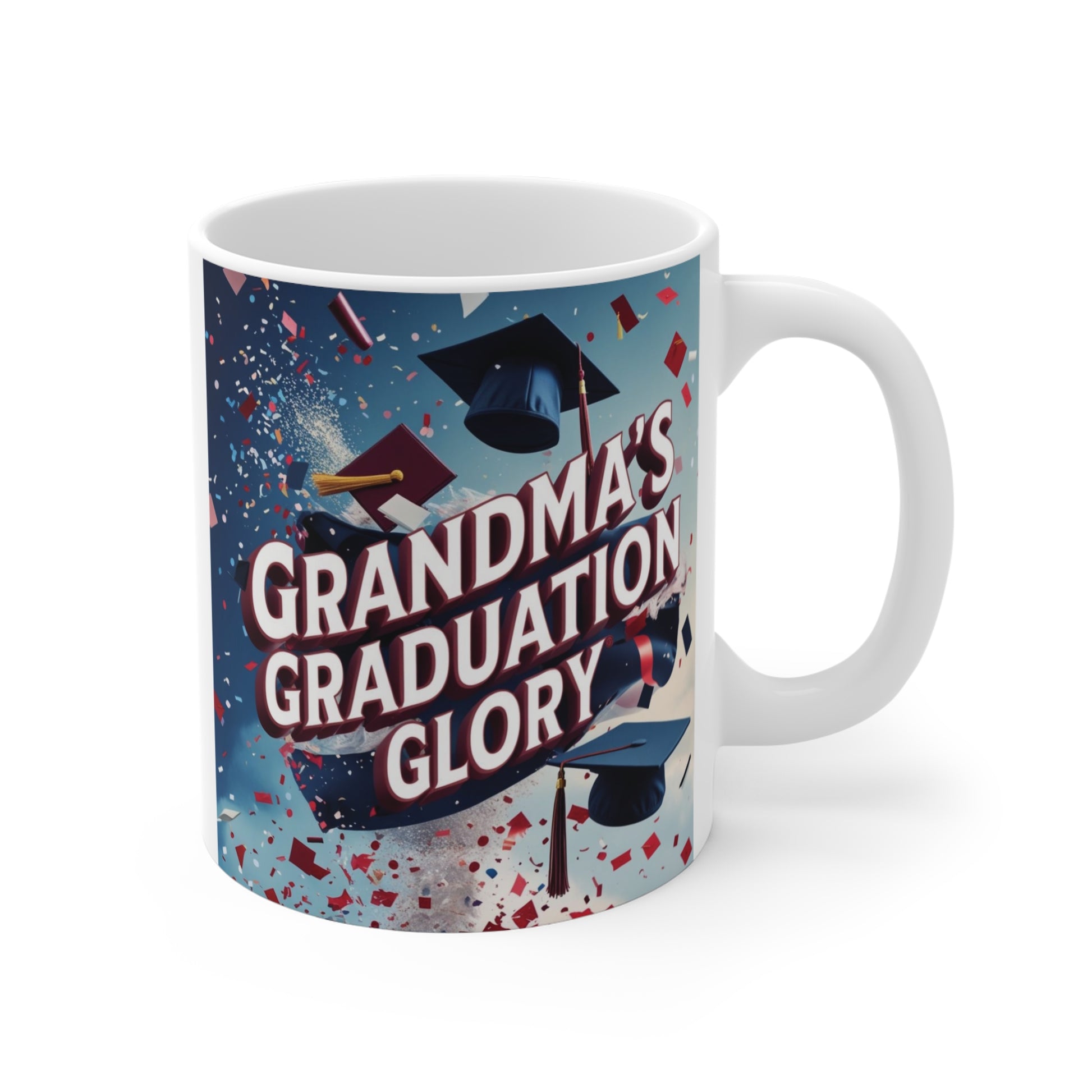 11oz Grandma Graduation Mug featuring bold graduation typography with caps and confetti celebrating Grandma's achievement.