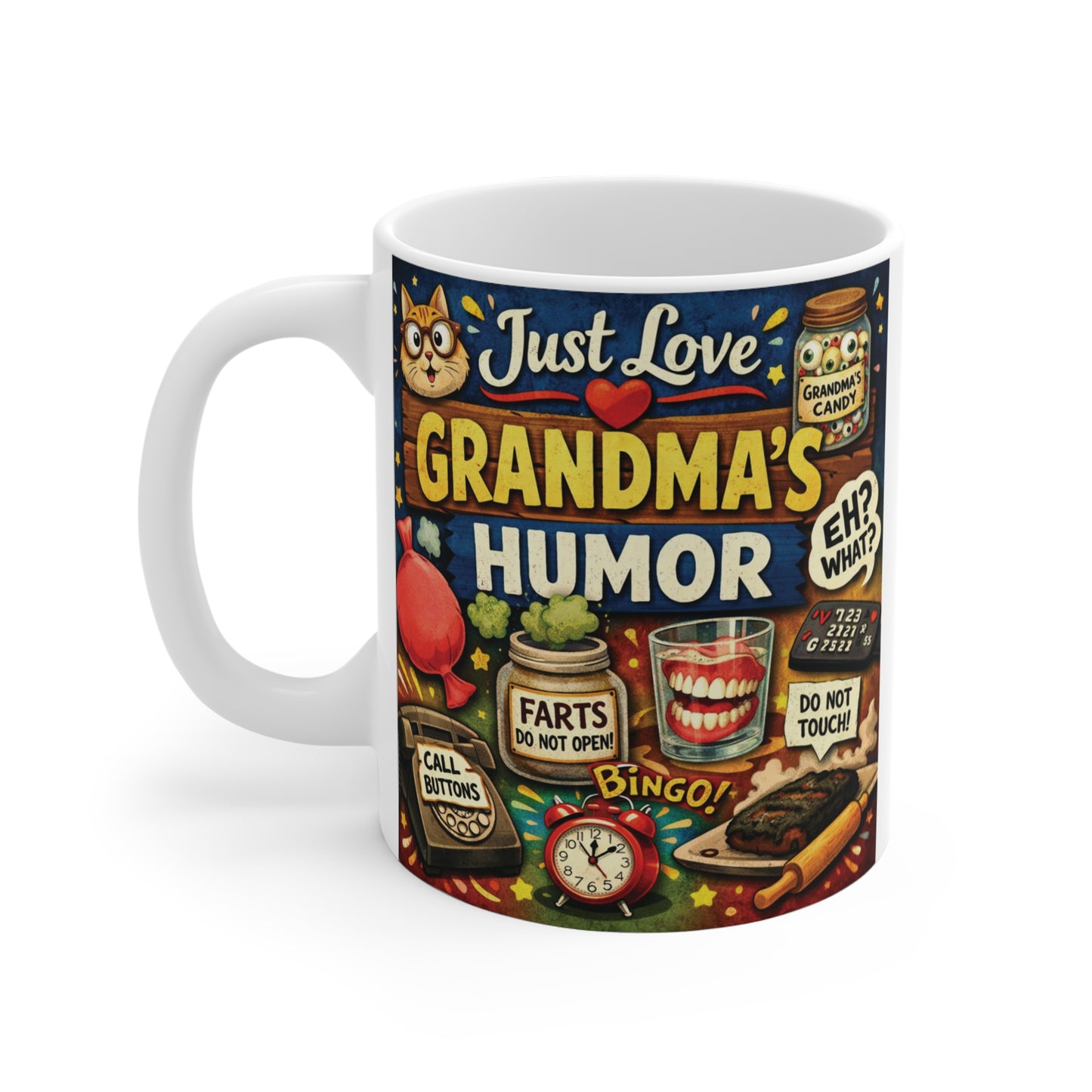 Colorful retro grandma humor mug with whimsical illustrations including bingo, dentures, cookies, and funny grandma-themed icons on an 11oz ceramic coffee cup.