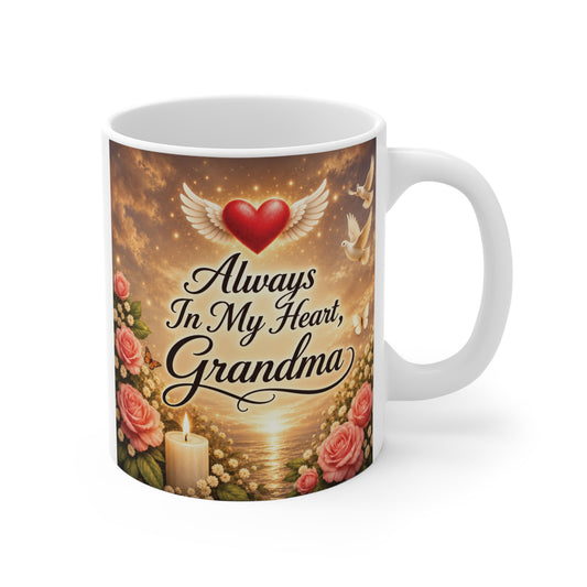 “Always In My Heart Grandma” memorial mug with angel wings, roses, candle, and sunset background on white ceramic coffee cup.