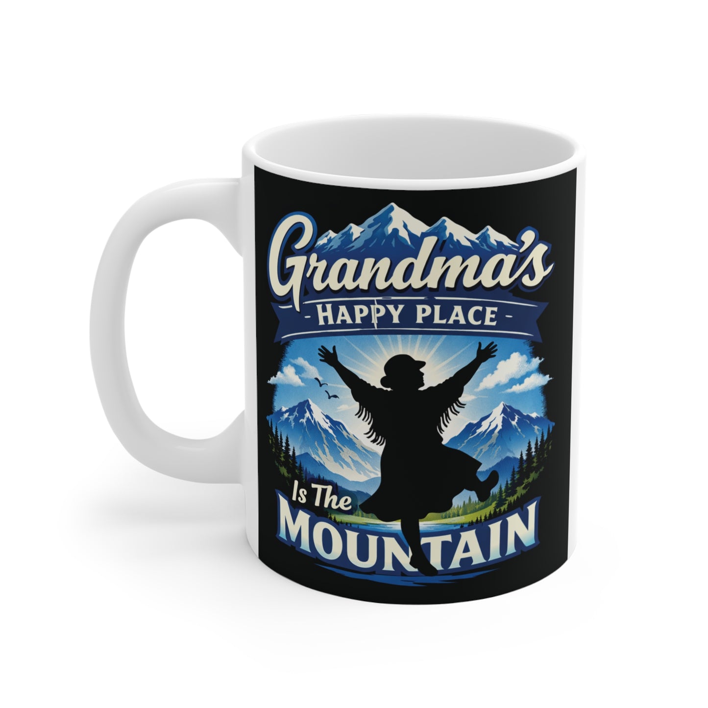 Funny Grandma mountain coffee mug with alpine scenery and skiing artwork on premium 11oz ceramic mug.
