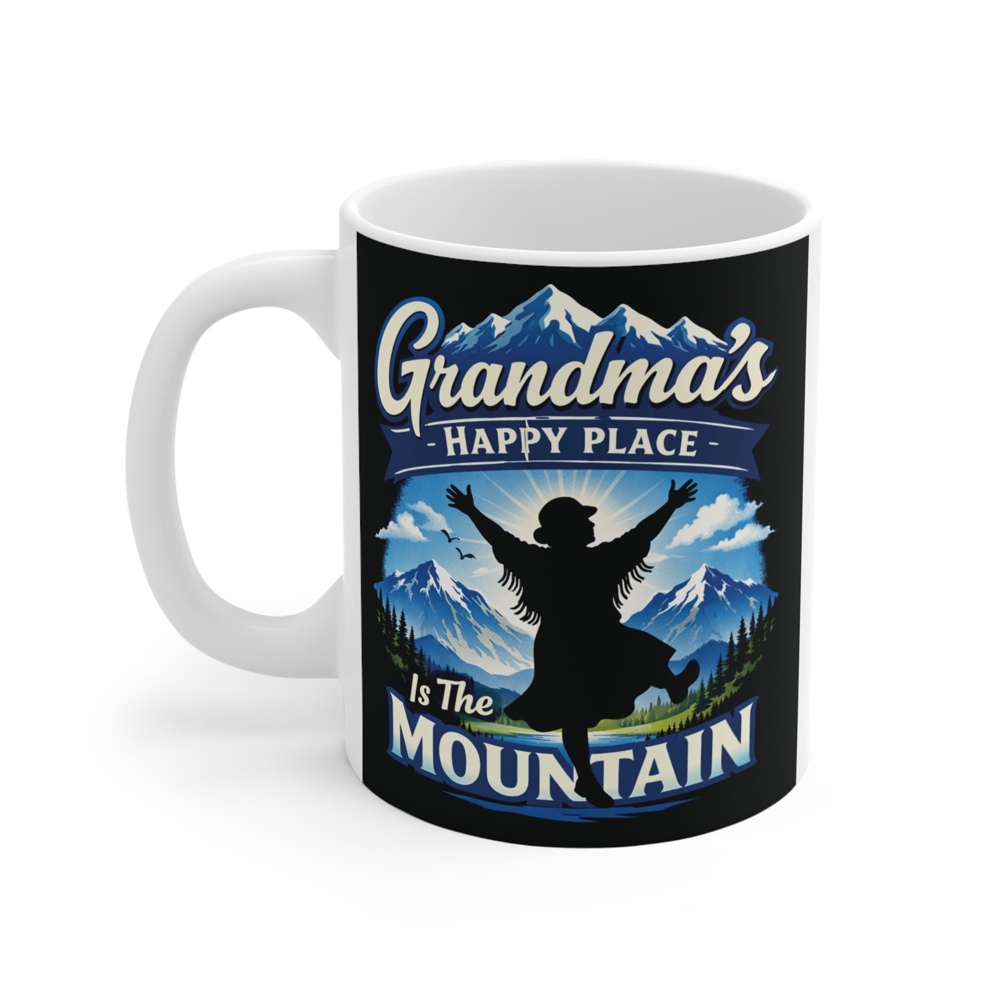 Funny Grandma mountain coffee mug with alpine scenery and skiing artwork on premium 11oz ceramic mug.