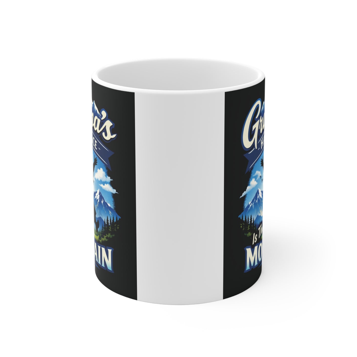 Vintage mountain-themed Grandma ski mug with joyful skiing silhouette, perfect gift for winter sports and mountain lovers.