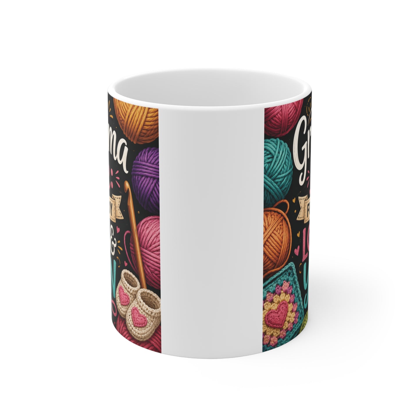 Cute knitting grandma coffee mug with colorful yarn design and inspirational quote
