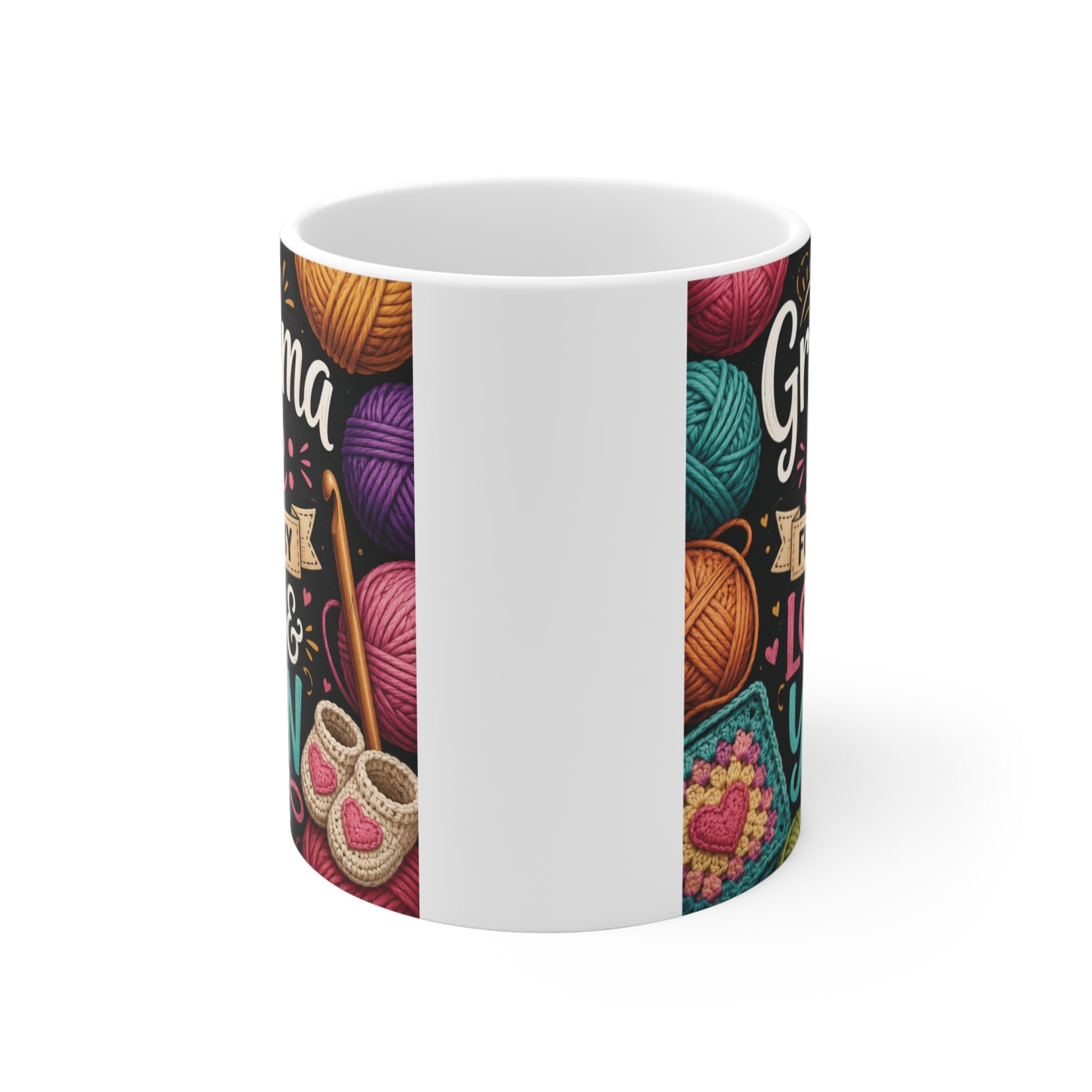 Cute knitting grandma coffee mug with colorful yarn design and inspirational quote