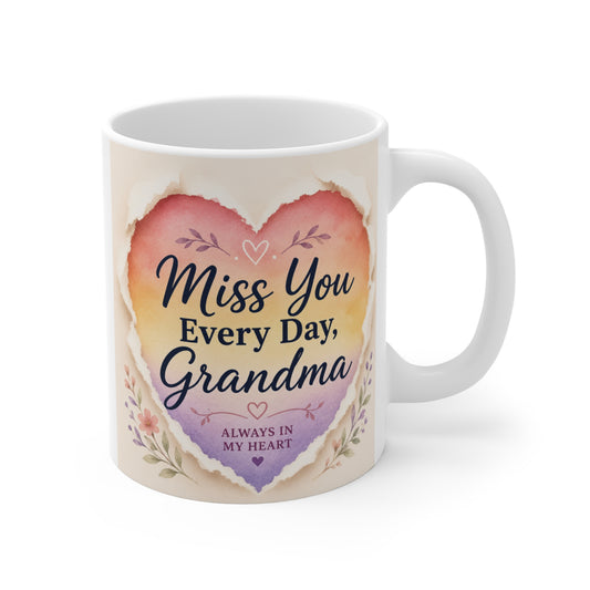 11oz ceramic grandma mug with watercolor heart design and the text “Miss You Every Day, Grandma” surrounded by soft floral accents.