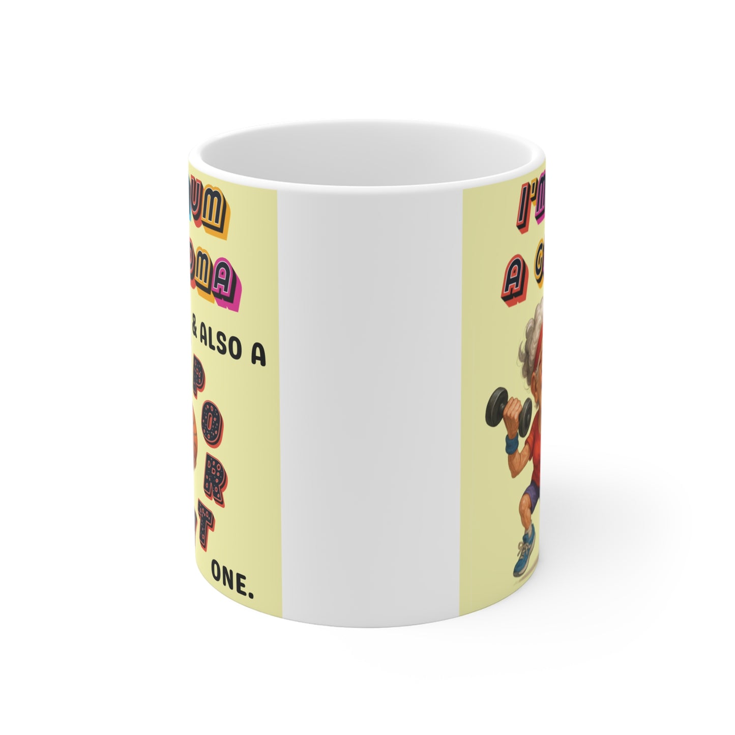 Humorous gift mug for active grandma featuring sporty granny illustration with dumbbell and basketball, colorful typography design