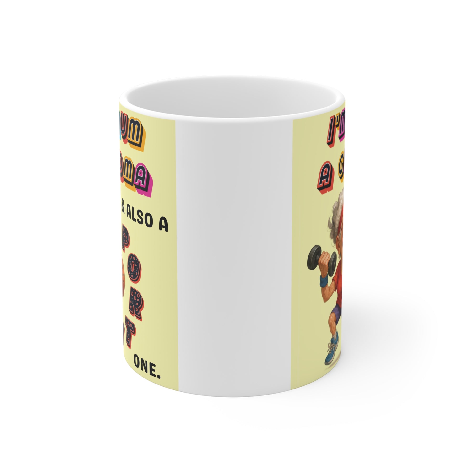 Humorous gift mug for active grandma featuring sporty granny illustration with dumbbell and basketball, colorful typography design