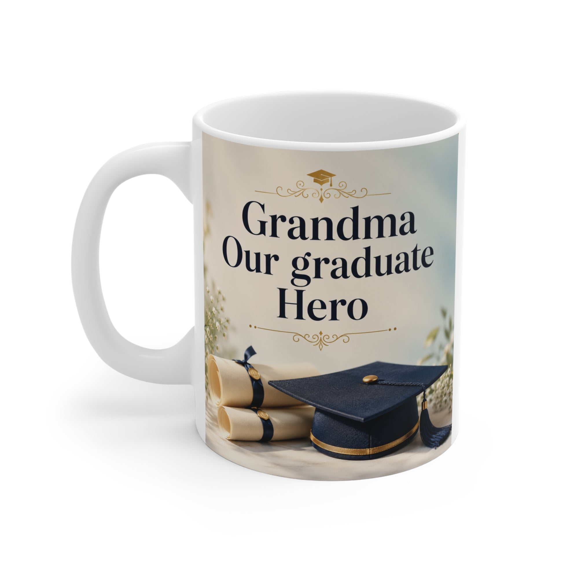 Graduation gift mug for grandma with elegant diploma and cap illustration on premium ceramic coffee cup.