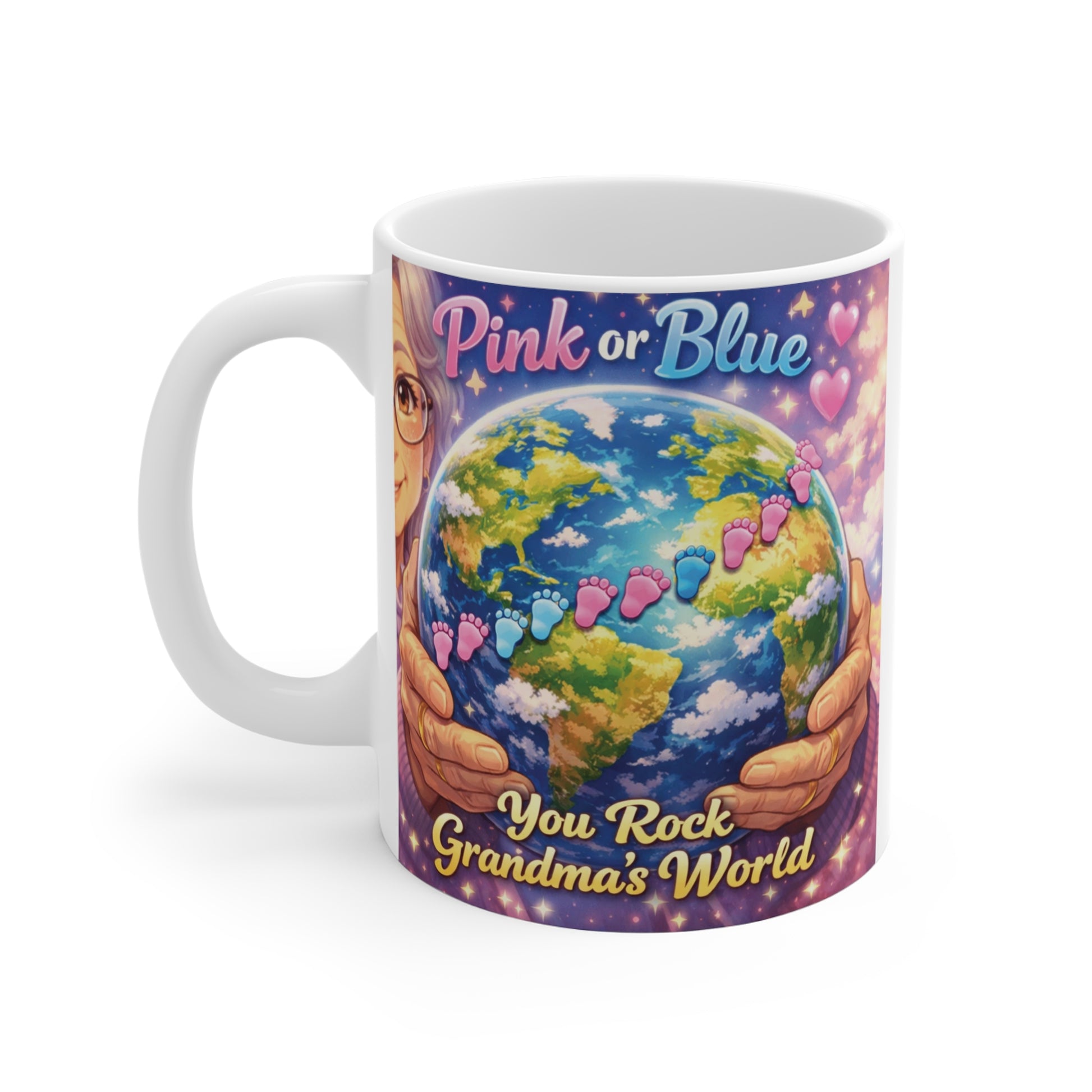 Cute baby announcement mug for Grandma with colorful Earth illustration and Pink or Blue message.