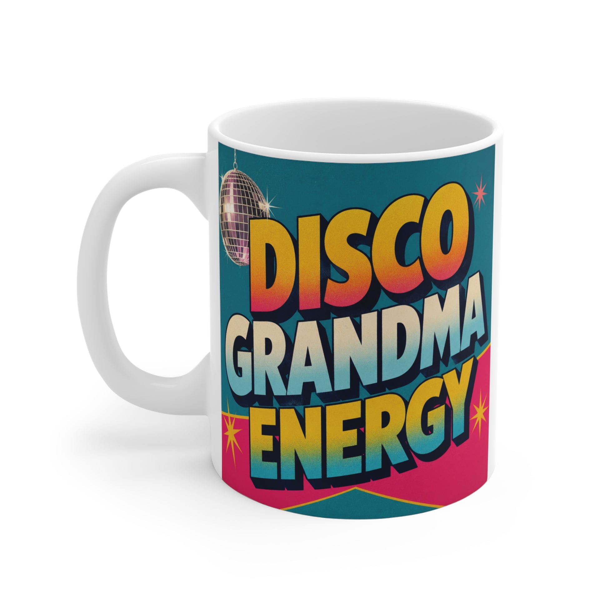 Vintage style Disco Grandma Energy mug with neon retro colors and pop art typography for grandma gift and coffee lovers
