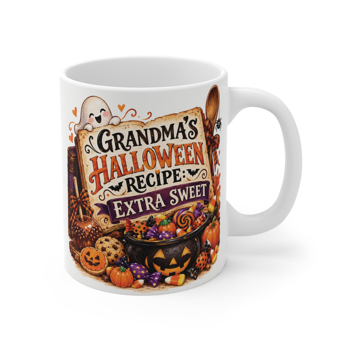 Grandma’s Halloween Recipe Extra Sweet 11oz mug with pumpkin cauldron, colorful candy and cute Halloween artwork.