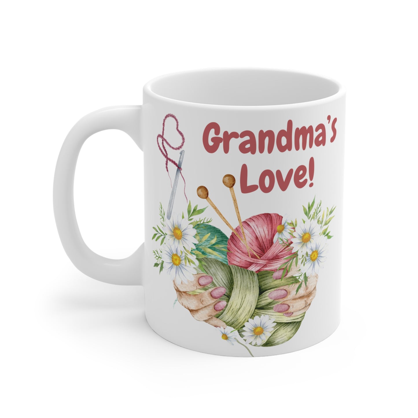 Cute ceramic mug for knitting grandma featuring watercolor yarn ball, daisies, and the text "Grandma's Love."