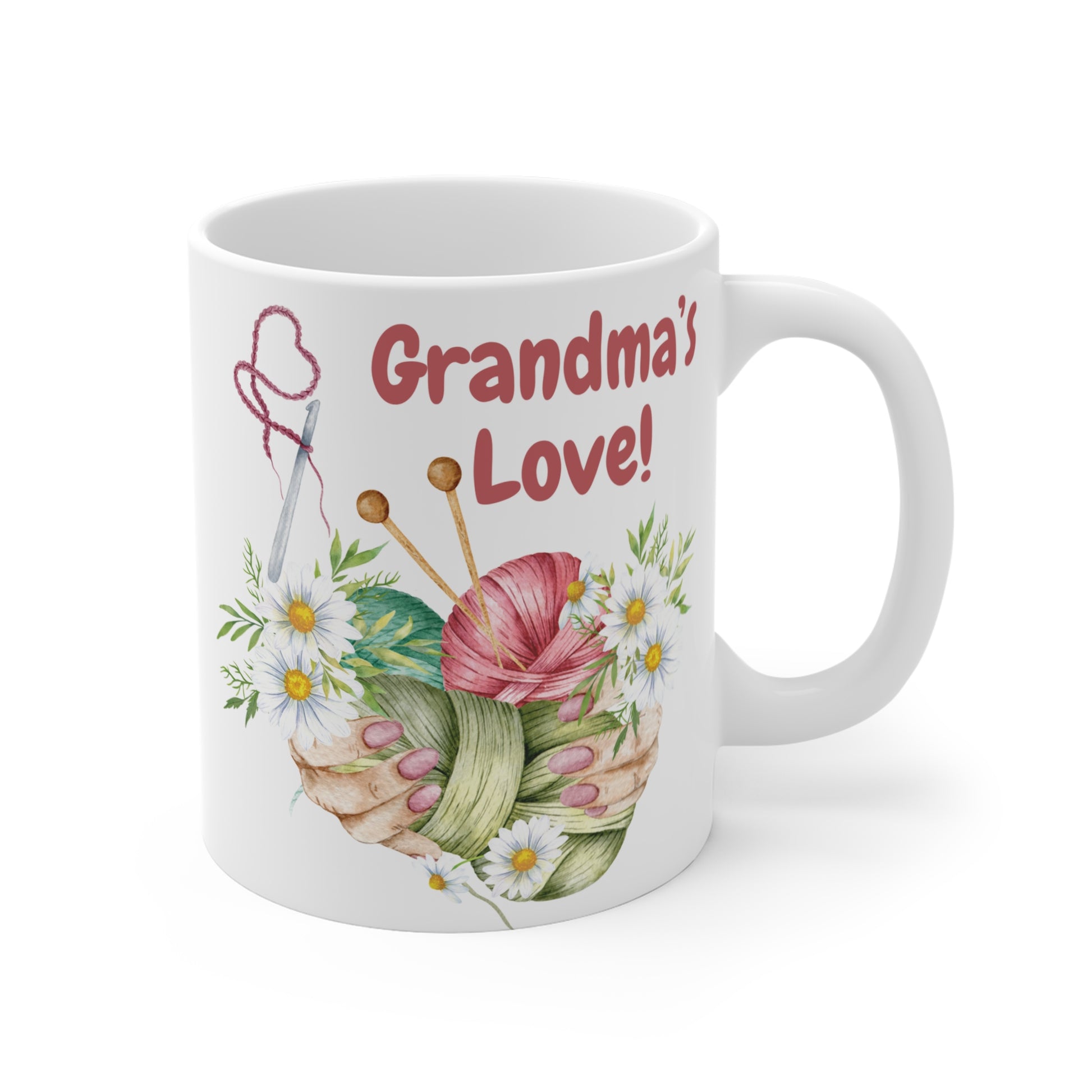 Watercolor Grandma's Love 11oz ceramic mug featuring pink yarn, knitting needles, and white wildflowers.
Floral knitting-t