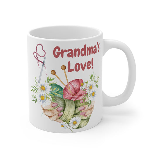 Watercolor Grandma's Love 11oz ceramic mug featuring pink yarn, knitting needles, and white wildflowers.
Floral knitting-t