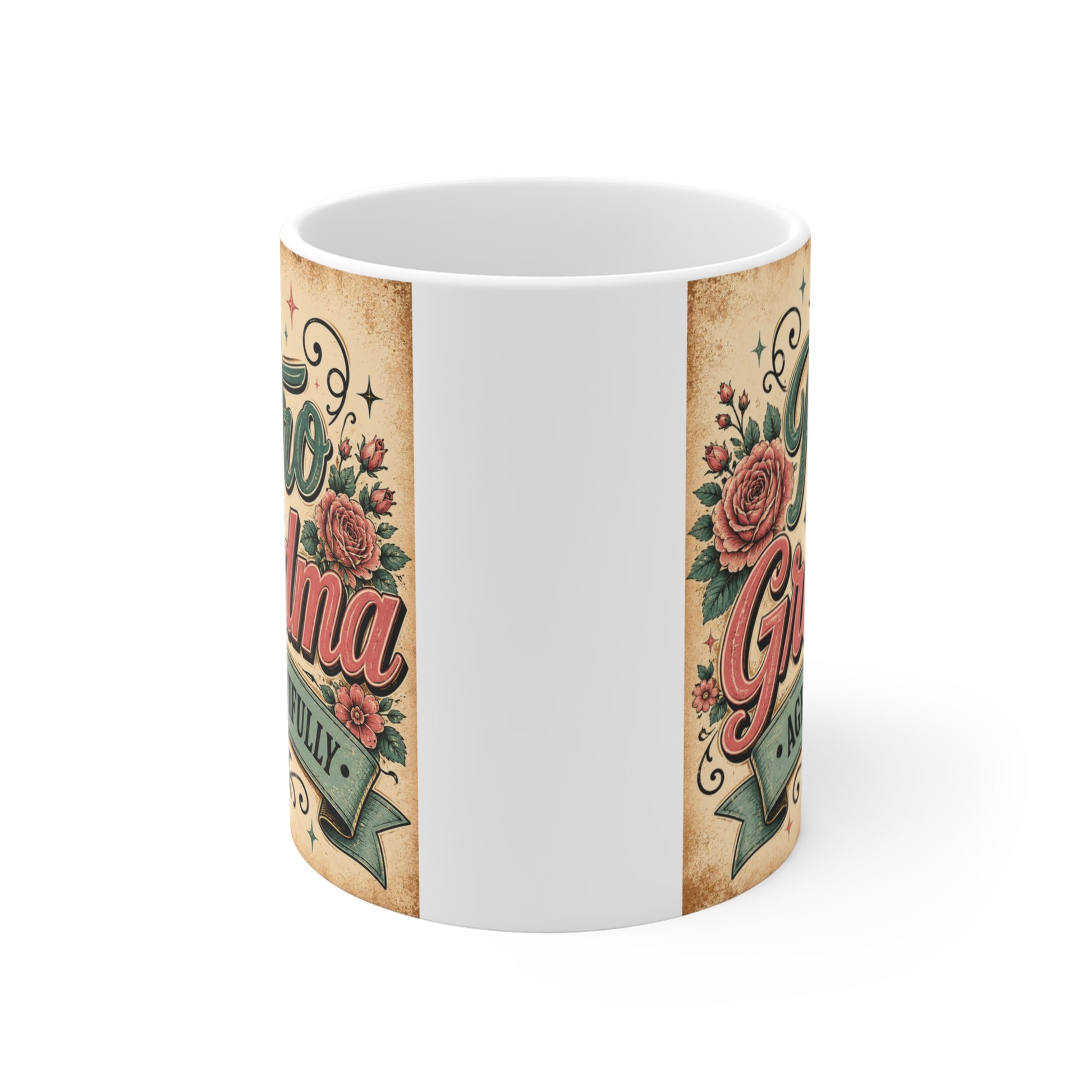 Funny vintage style grandma mug featuring retro typography and floral artwork for coffee or tea