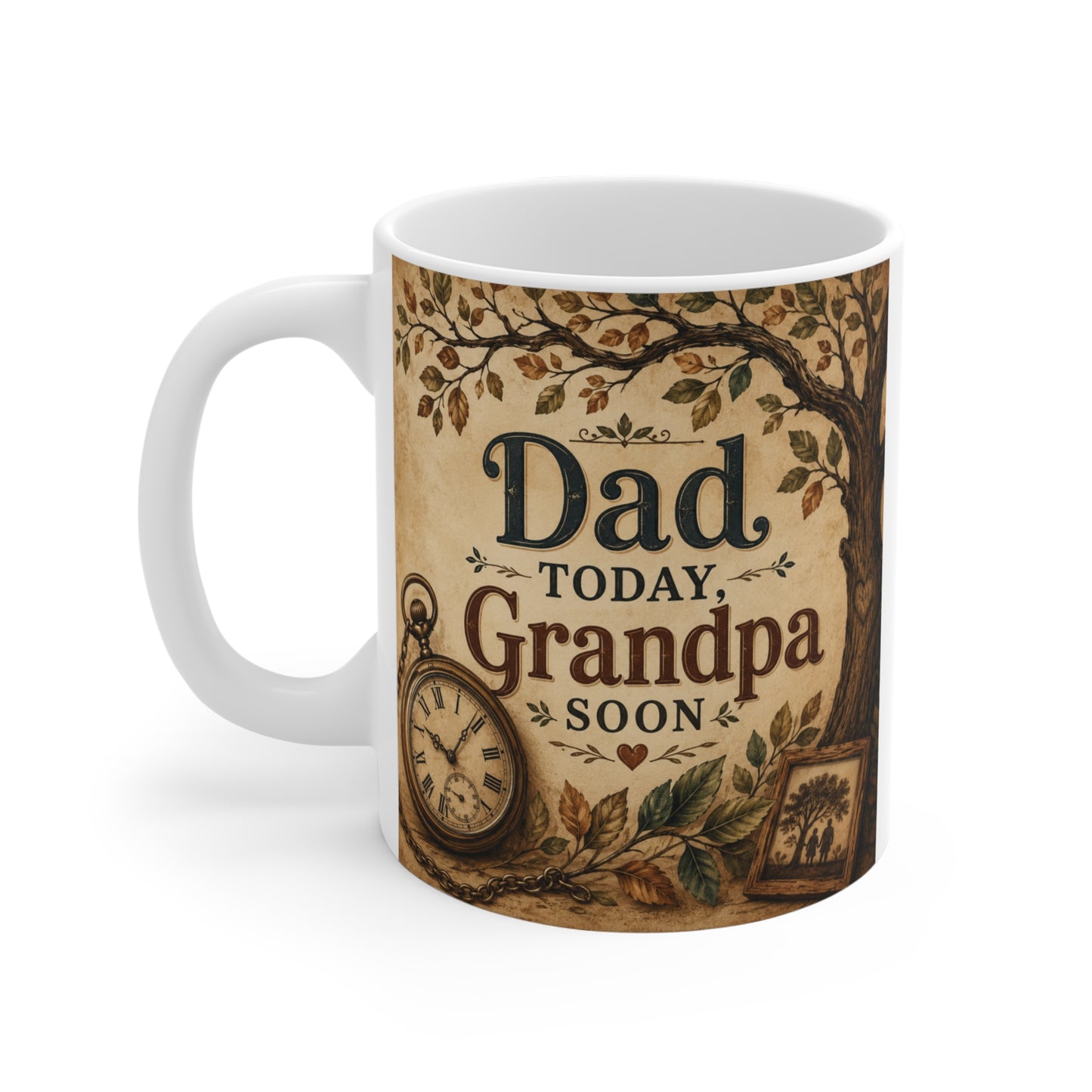 Future grandpa coffee mug with vintage family tree branches and pocket watch artwork, ideal pregnancy announcement and new grandfather gift.