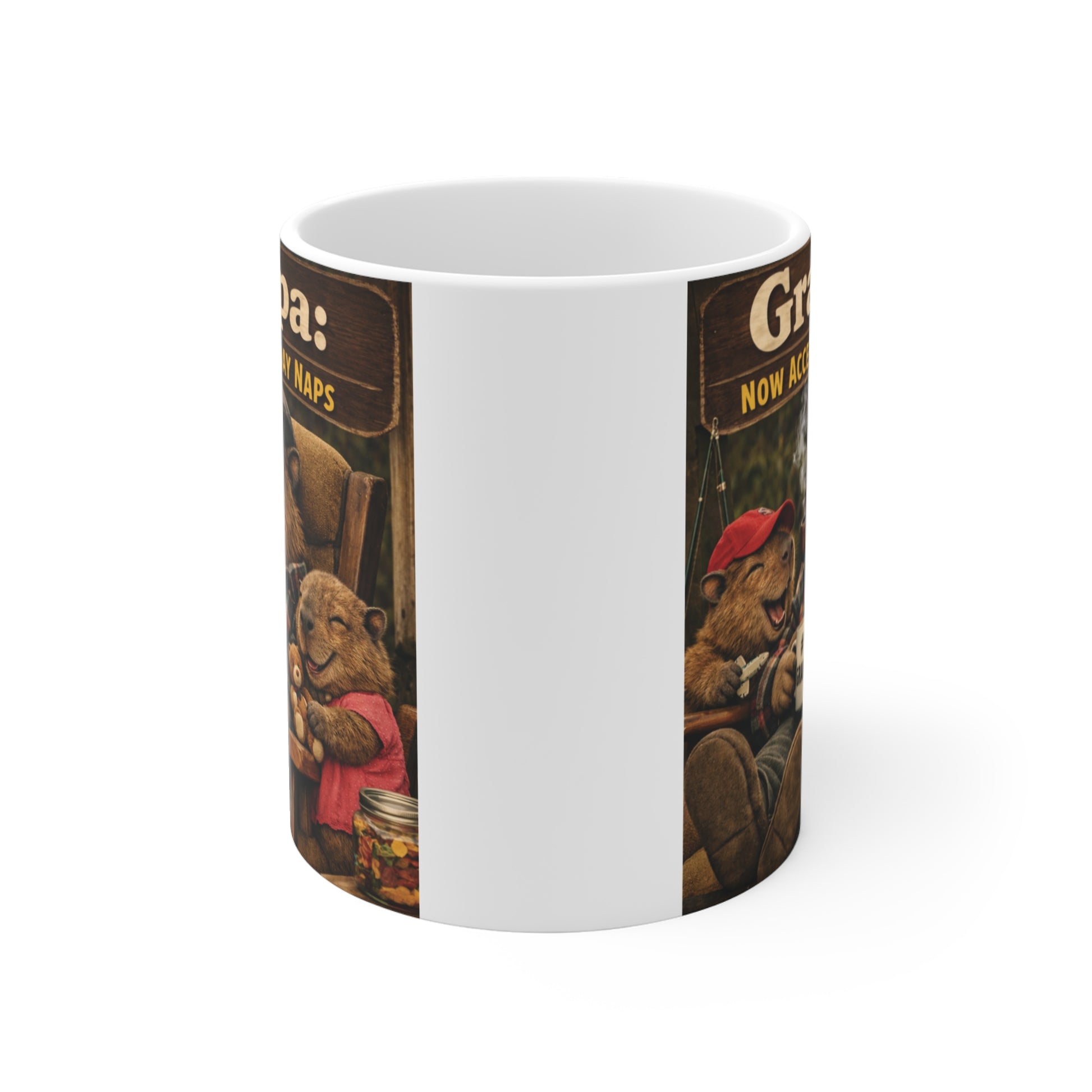 Novelty grandpa coffee mug with adorable beaver artwork and humorous "Now Accepting Midday Naps" message, ideal retirement and Father's Day gift.