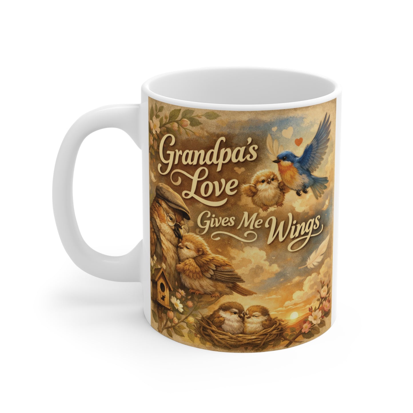 Grandpa gift coffee mug featuring a sentimental bird family illustration and Grandpa’s Love Gives Me Wings quote, perfect for Father’s Day or birthdays.