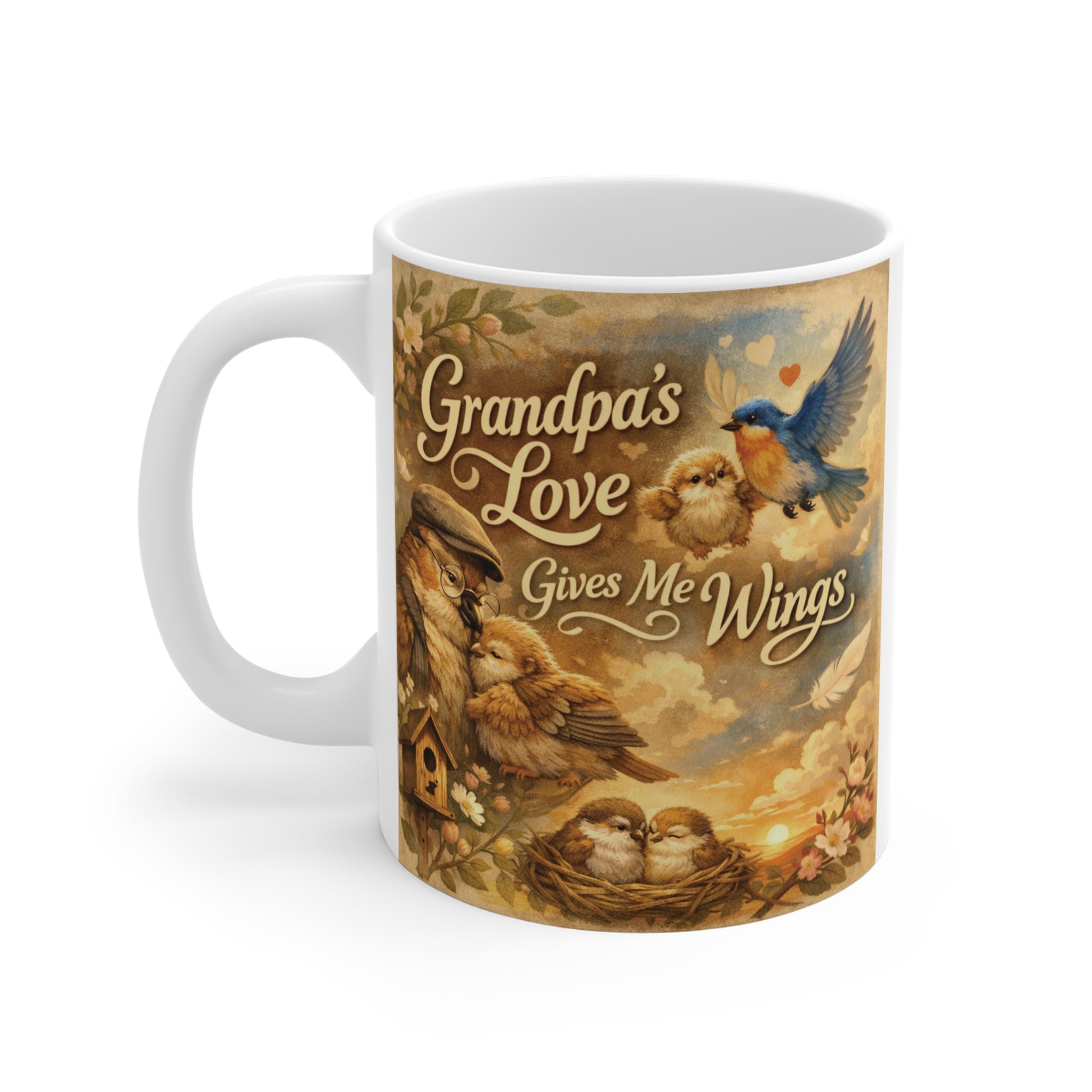Grandpa gift coffee mug featuring a sentimental bird family illustration and Grandpa’s Love Gives Me Wings quote, perfect for Father’s Day or birthdays.