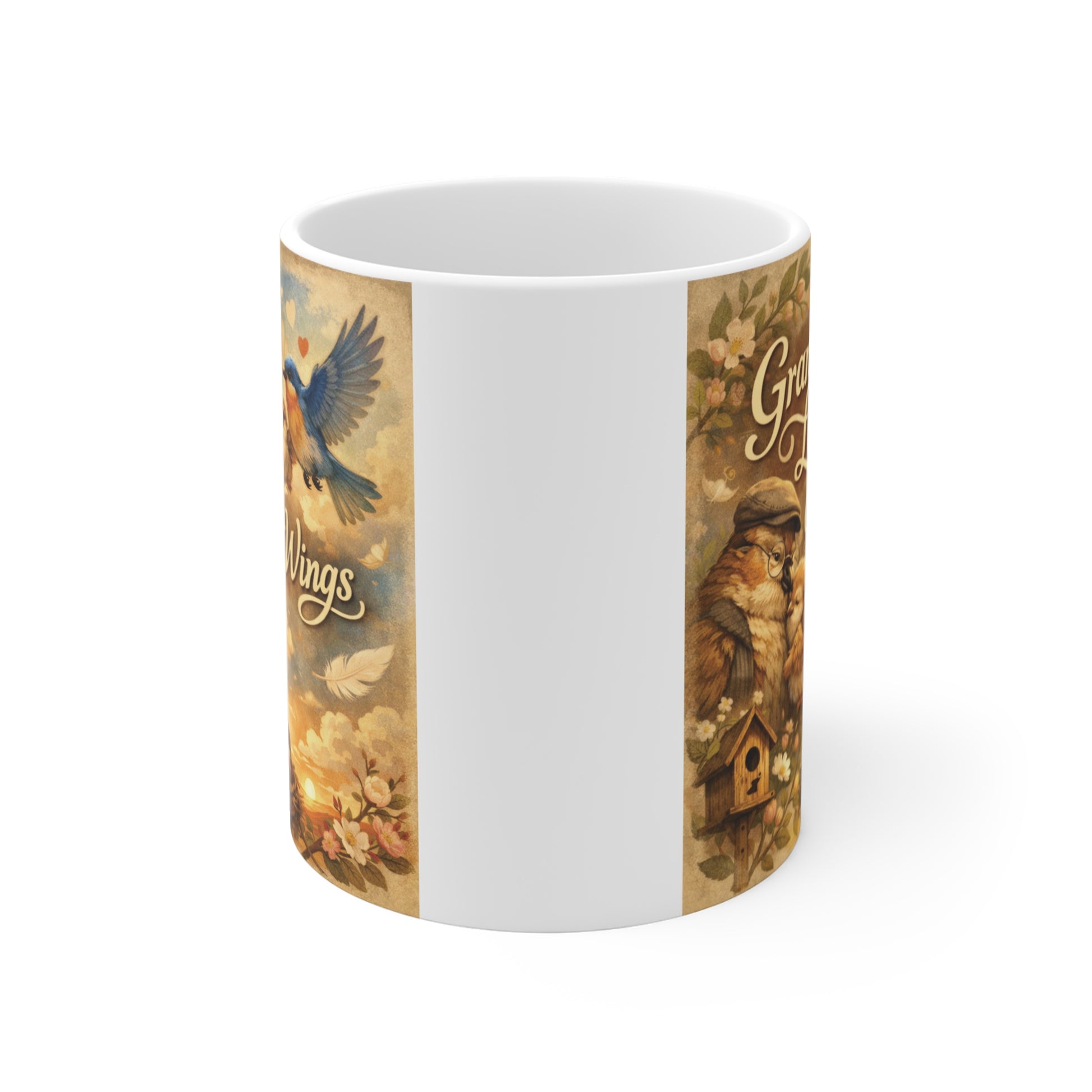 White 11oz ceramic mug with warm vintage-style bird design and Grandpa’s Love Gives Me Wings message, ideal grandfather keepsake gift.