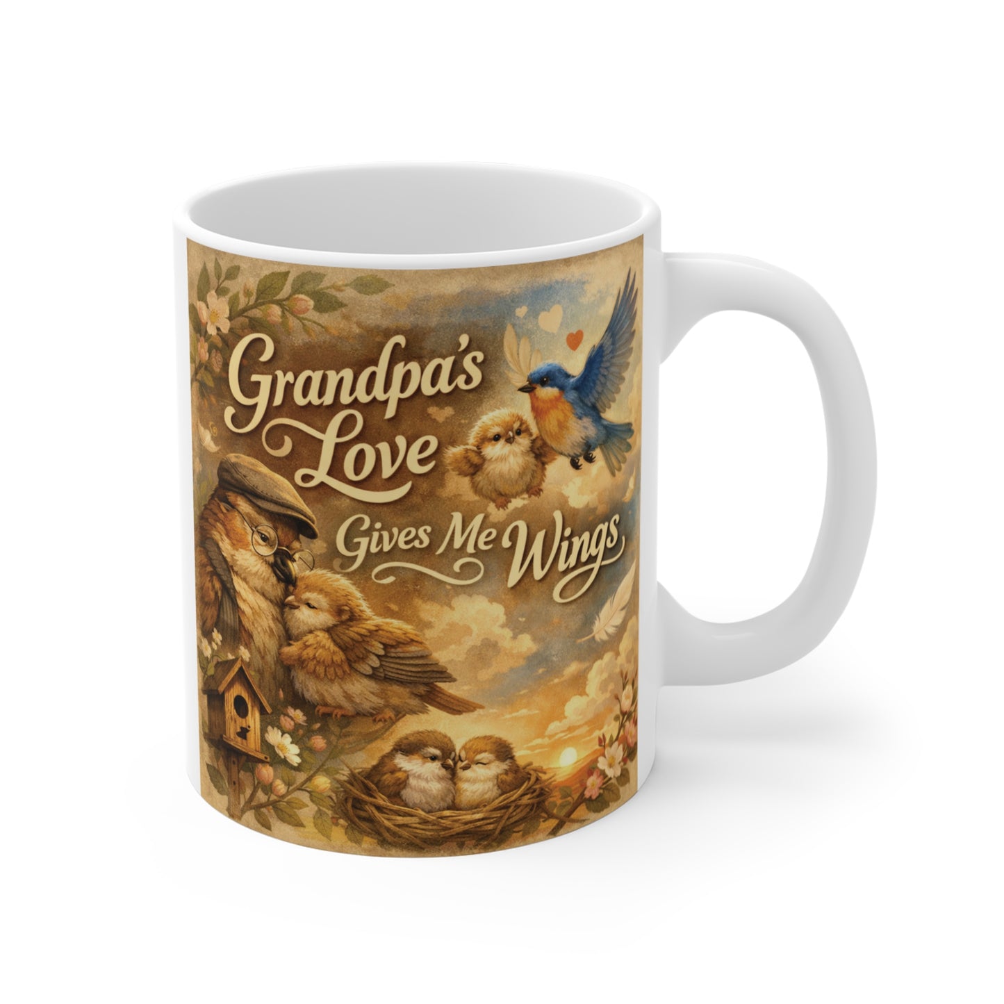 11oz ceramic coffee mug with vintage bird artwork and the text Grandpa’s Love Gives Me Wings, a heartfelt gift for grandpa from grandchildren.