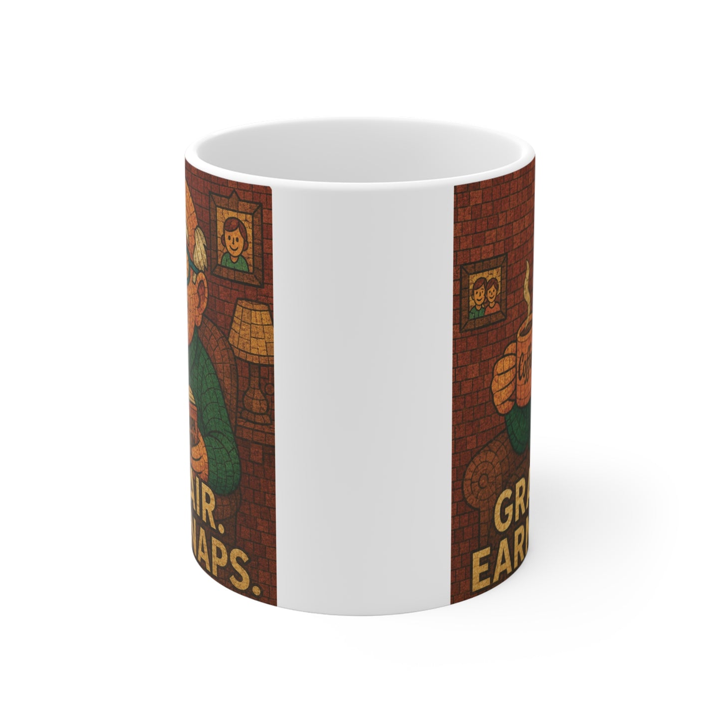 11oz ceramic retirement mug with vintage mosaic artwork of a grandfather holding coffee and the humorous quote "Gray Hair. Earned Naps."