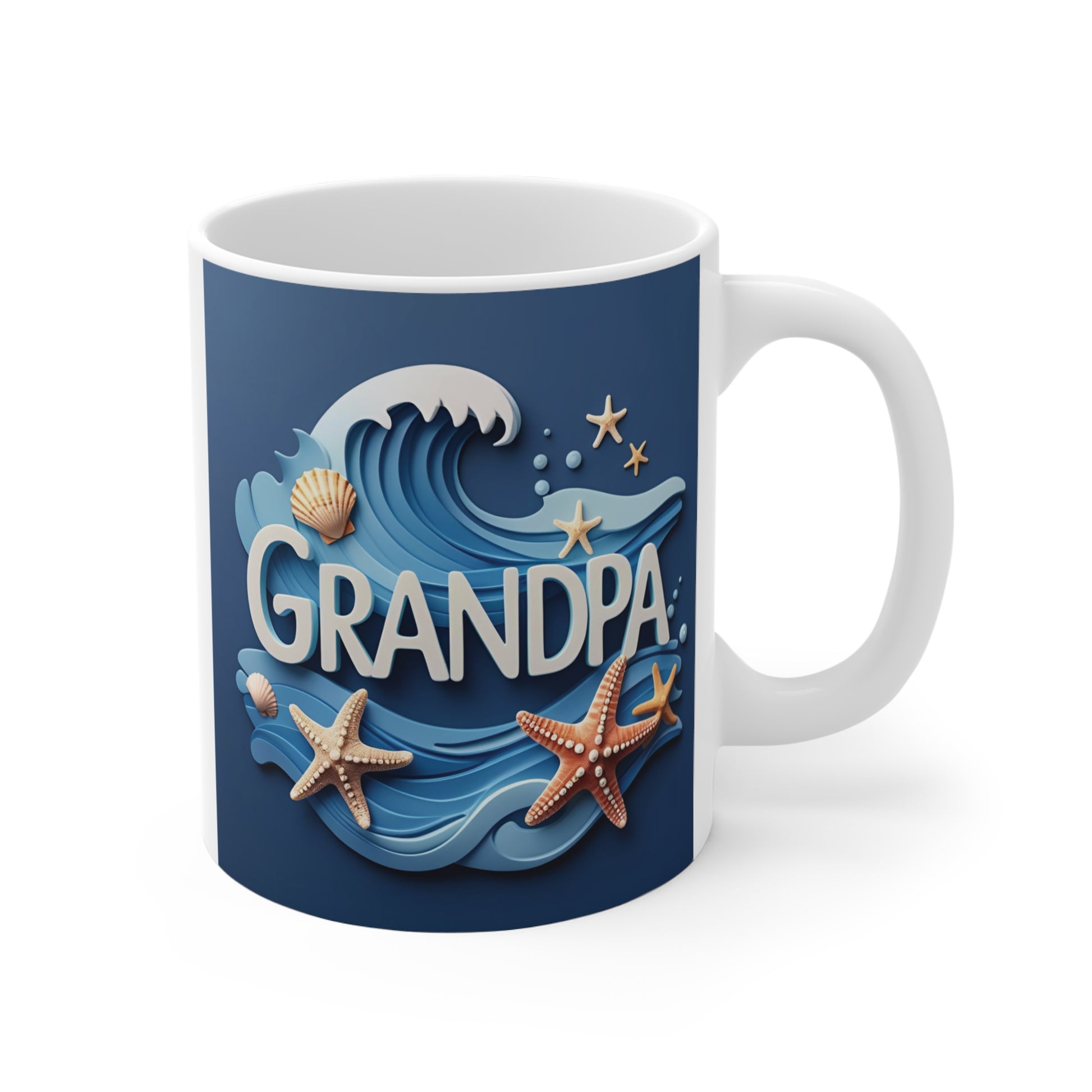 Grandpa ocean wave coffee mug with starfish and seashell beach design on blue ceramic 11oz cup